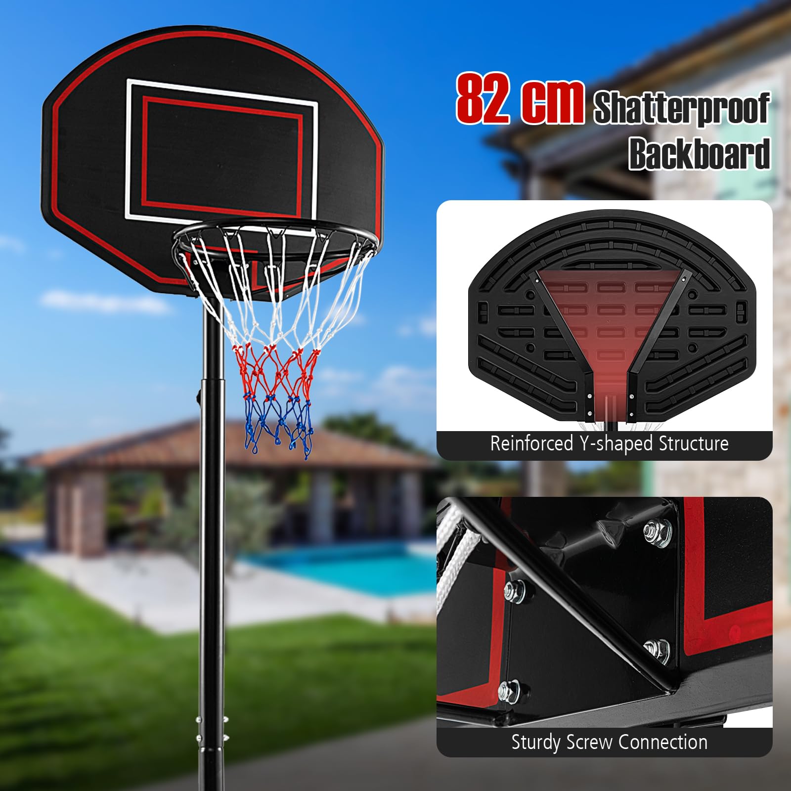 GYMAX Canestro da basket e supporto, sistema di porta da basket regolabile in altezza con base riempibile e ruote integrate, set di rete da basket portatile per esterni e interni, per bambini, ragazzi