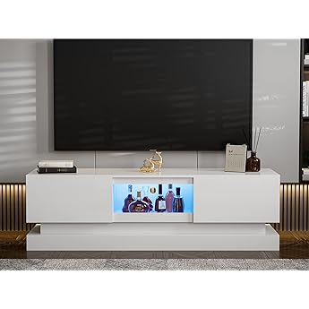 GOOBED TV Stand for 75/70 Inch TV, Modern LED Entertainment Center with Storage, Modern High Glossy Media Console Cabinet for Living Room, White