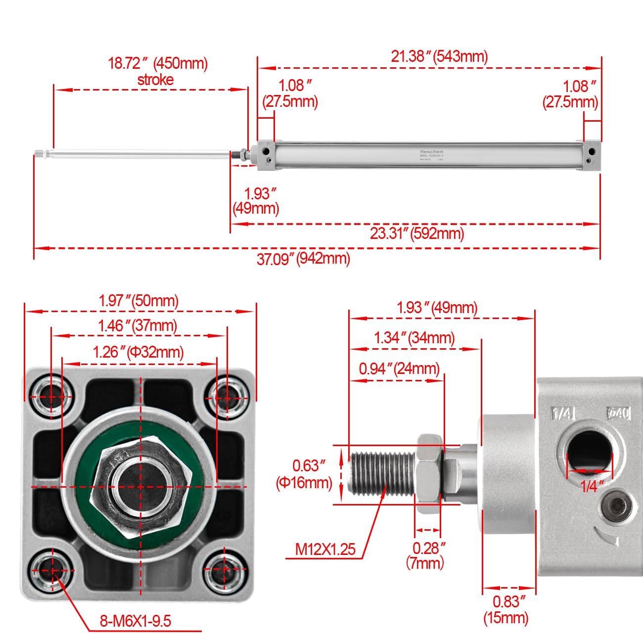 Heschen Pneumatischer Standardzylinder mit Magnetring, SC 40-450-S, PT1/4-Zoll-Anschluss, 40 mm Bohrung, 450 mm Hub, doppeltwirkend