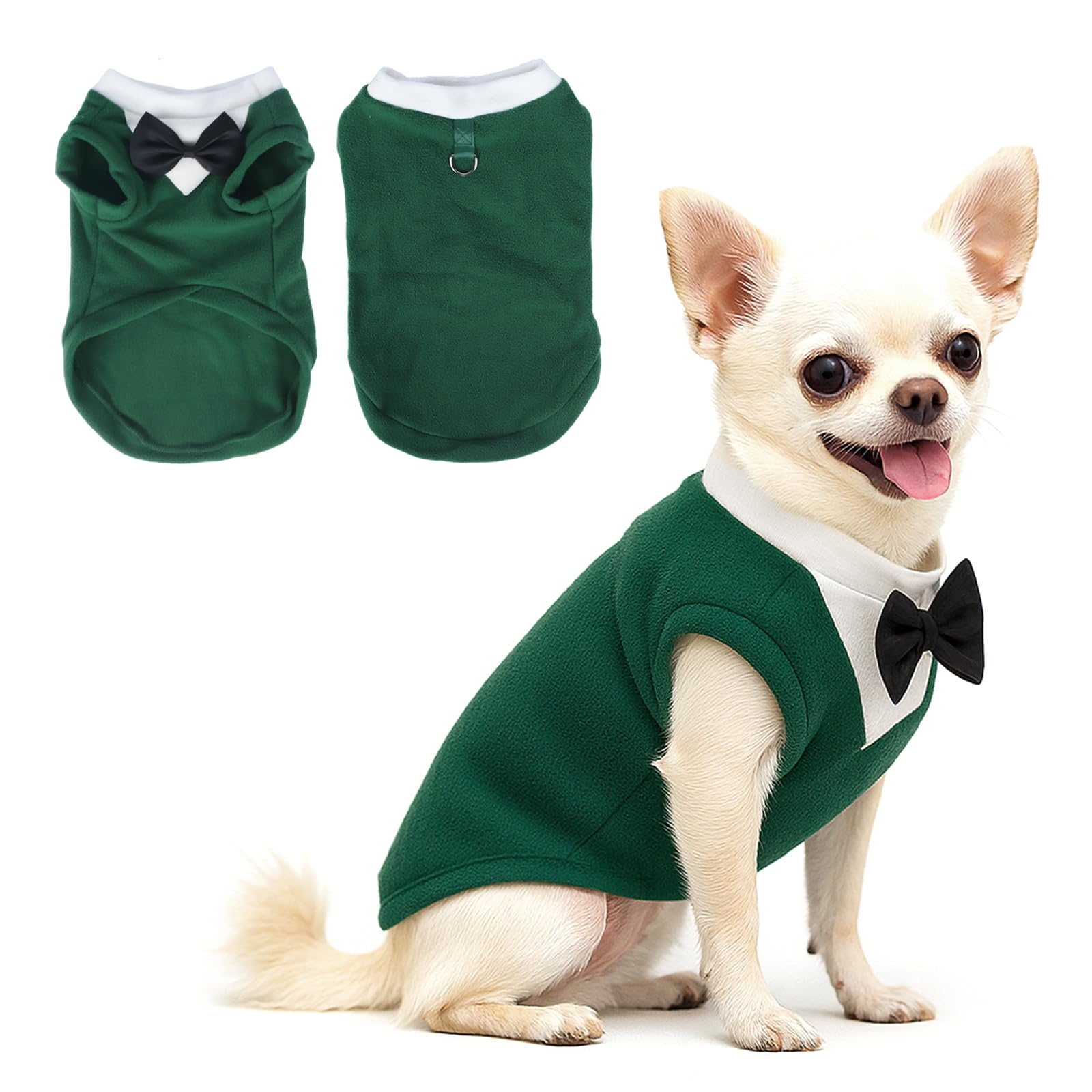 Yoolhamy Dog Jumper with Bow Tie Winter Clothes Pet Tuxedo Outfits for Small Medium Dogs Warm Fleece Costume Sweater for Chihuahua Schnauzer Shih Tzu Yorkie Christmas Birthday (Green, XL)