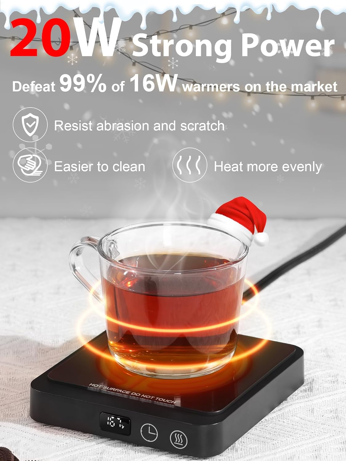 RIGSTNE Portable Mug Warmer with a coffee cup on its heating plate, showing the digital display and control buttons.