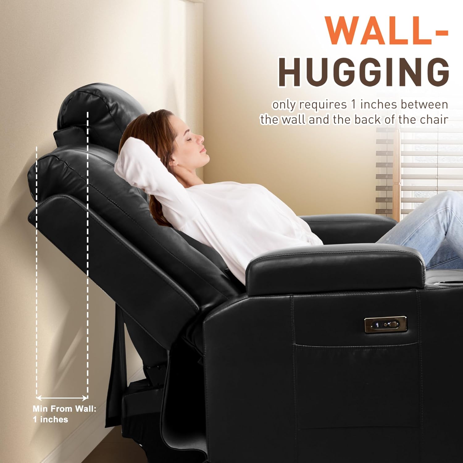 Houjud Power Reclining Loveseat Recliner Sofa with Console, Wall-Hugger RV Couch with USB Ports, Cup Holders, Bluetooth Speakers & Ambient Lighting for Home Theater or Camper, Faux Leather, Black