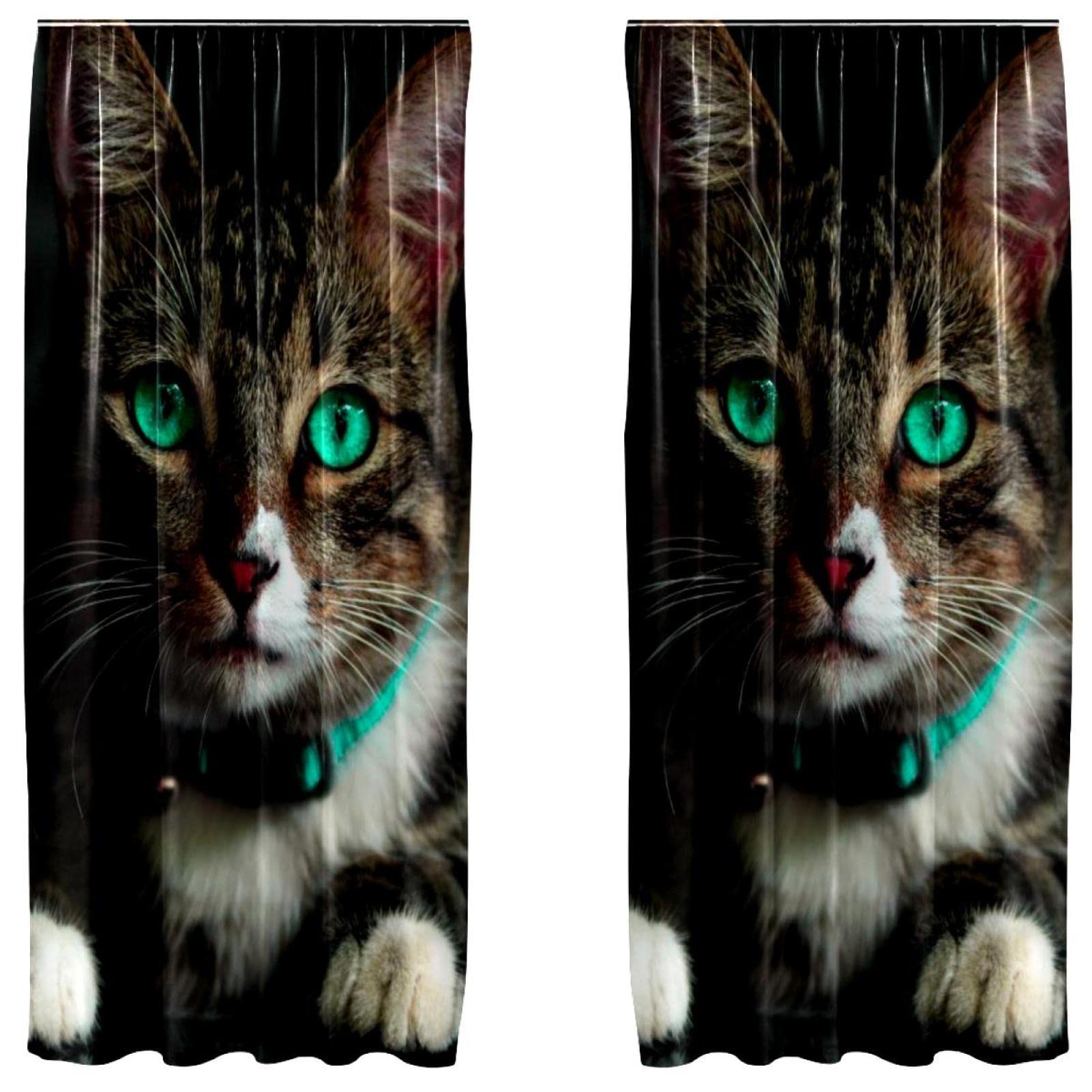 Rideau chat passe-tringle voilage léger à motif animalier 140x213 cm