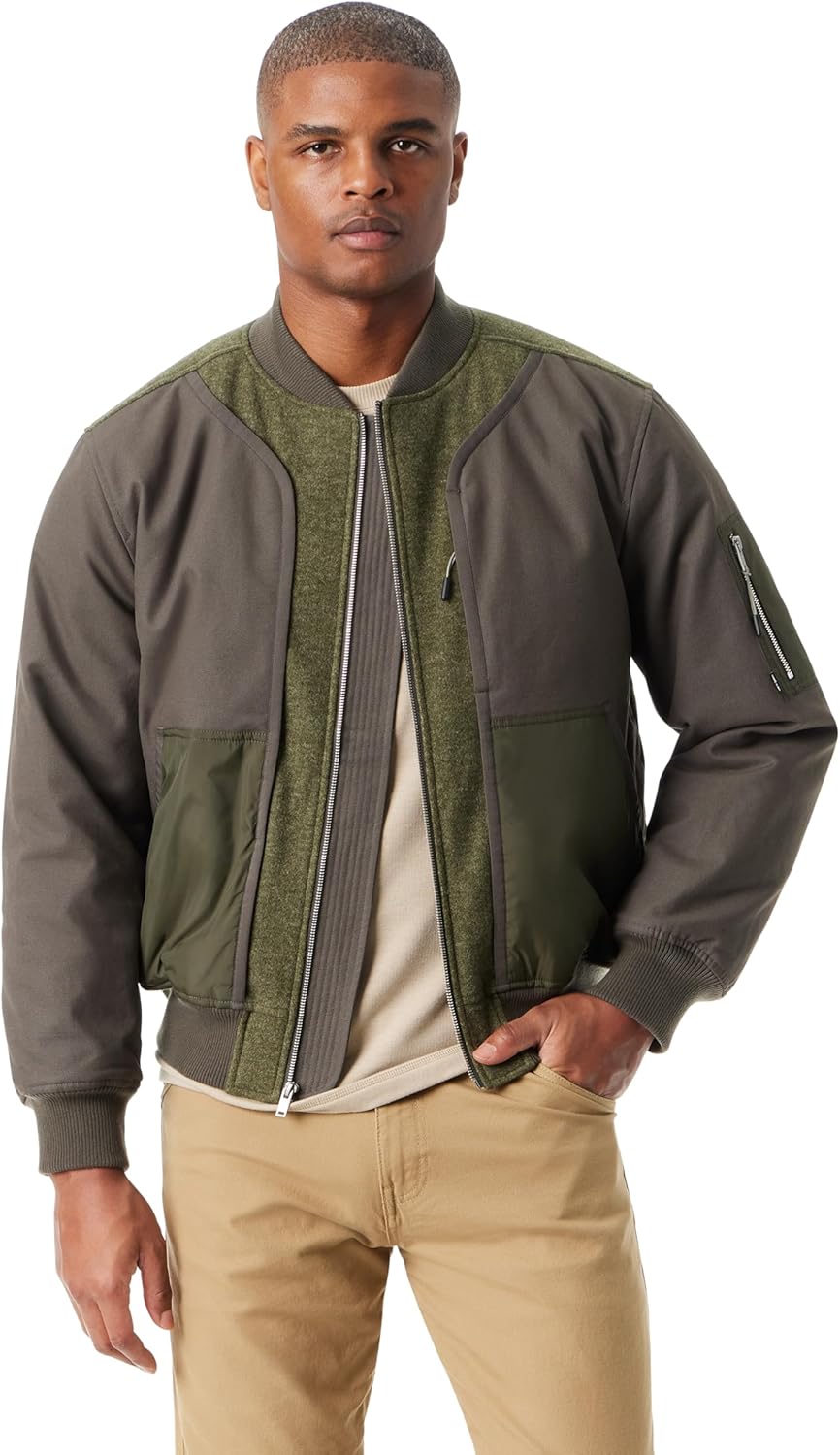 BASS OUTDOOR mens Hero Mix Media Zip Up Front Bomber Jacket With Sleeve Pocket Standard
