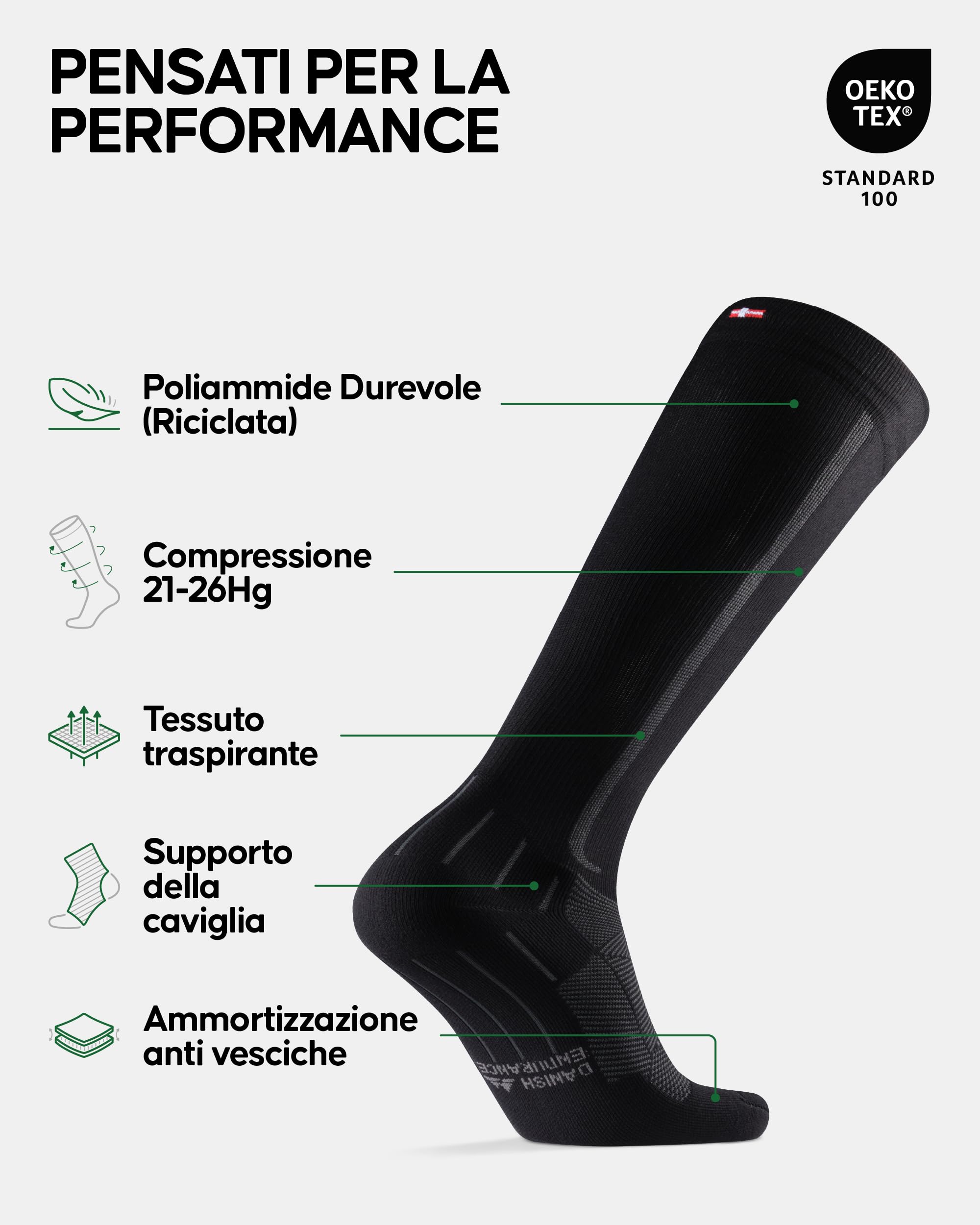 DANISH ENDURANCE Calze Compressione Graduata Uomo Donna 21-26 mmhg, Recupero, Viaggi, Sport, 2 Paia