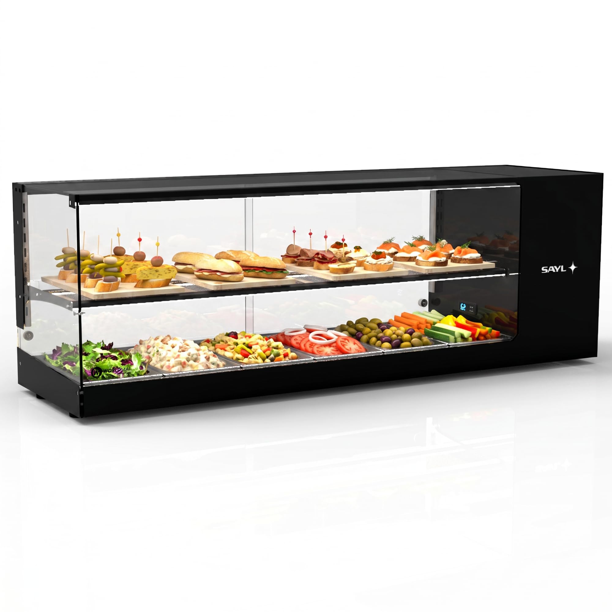 Vitrina de tapas Logic WORLDMAI x SAYL, 132 x 38 cm, 2 pisos y 6 cubetas GN 1/3 para hostelería. Vitrina expositora refrigerada profesional de sobremesa con iluminación LED, para bar y restaurante.