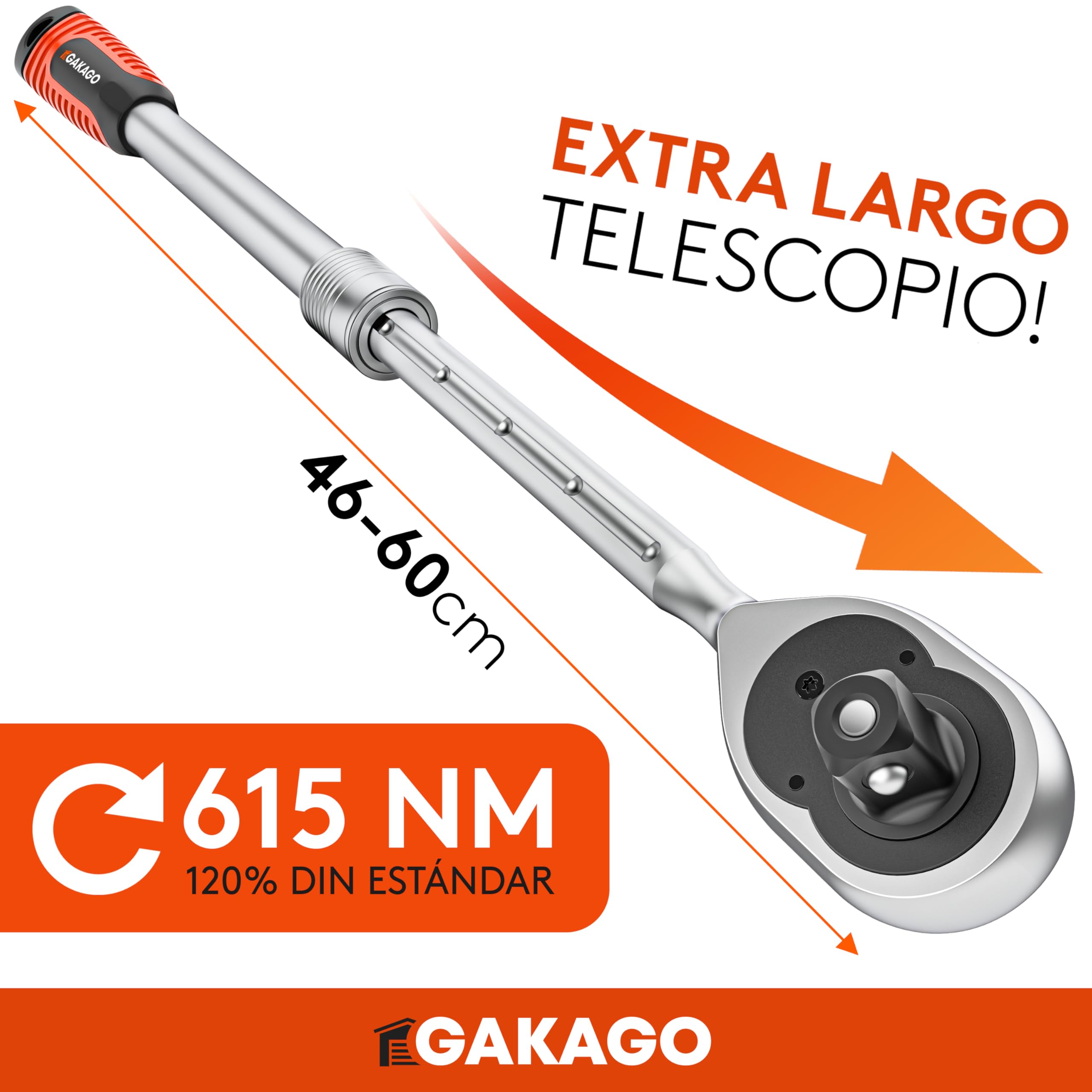 Gakago Carraca telescópica de 1/2" pulgada hasta 60 cm - Carraca reversible extra larga con mango ergonómico - Potencia superior con más de 615 Nm y engranajes precisos de 72 dientes finos