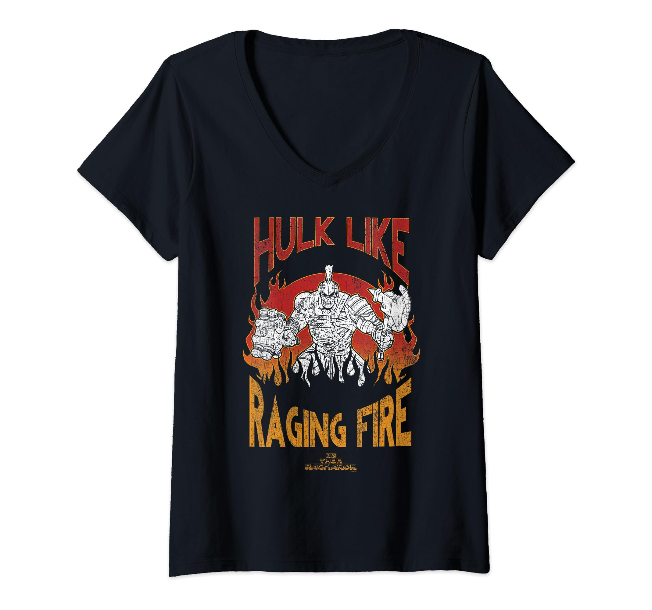 Womens Marvel Thor Ragnarok Hulk Like Raging Fire Flame Portrait V-Neck T-Shirt