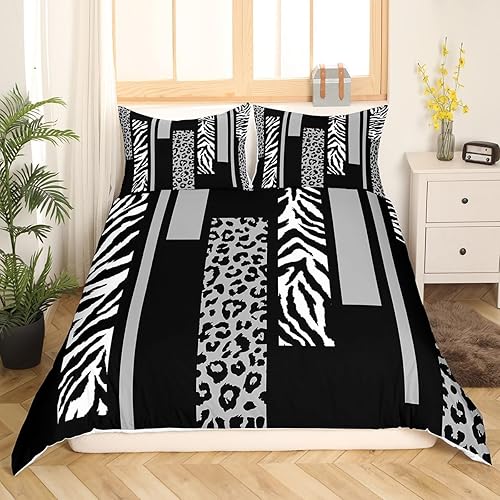 Miniatura 2 de Juego de funda de edredón con estampado de leopardo, tamaño Queen, juego de ropa de cama de retazos geométricos de piel de cebra y guepardo,