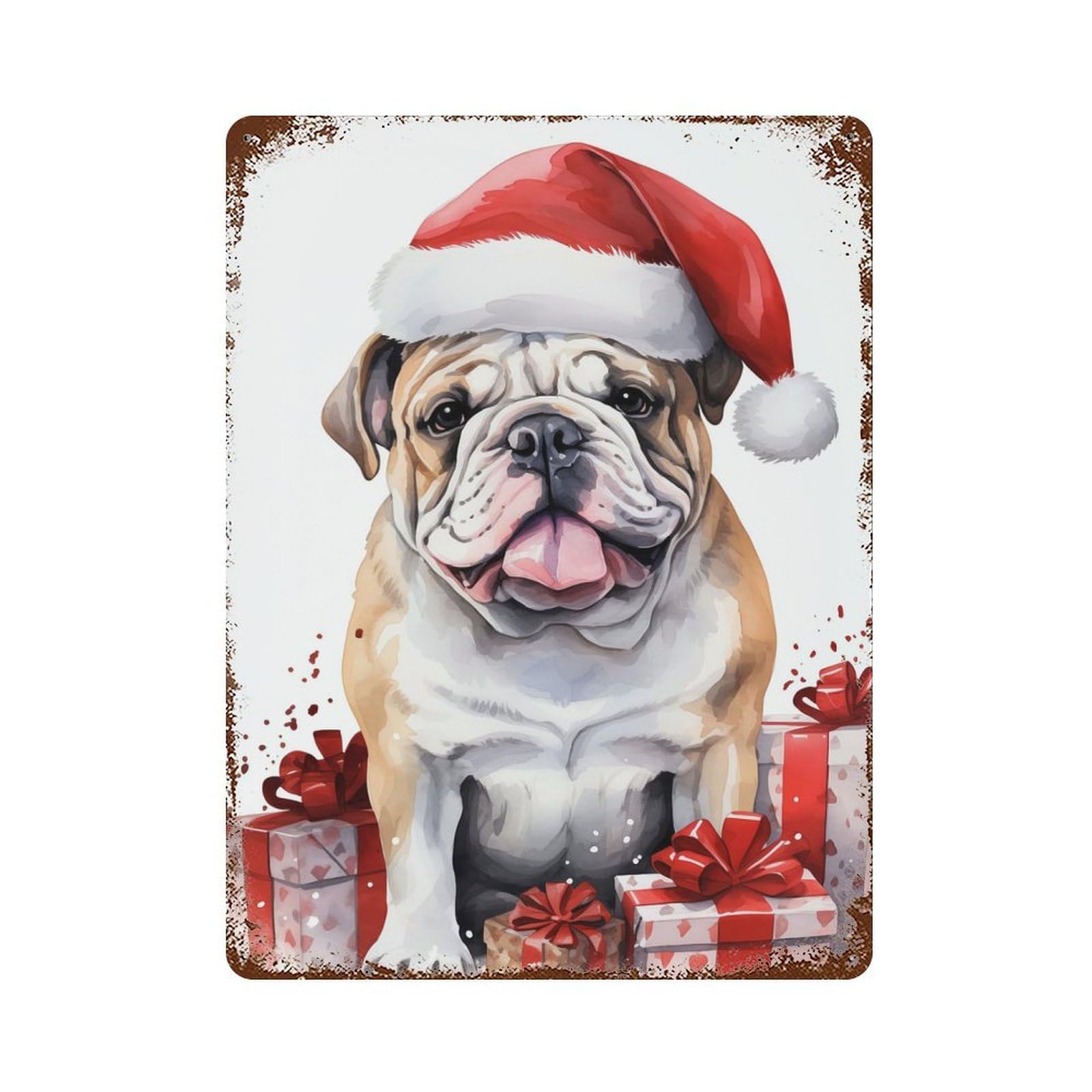 Jolly Santa Bulldog Rustic Tin Plaque 15.7"x11.8", Ideal for Cafe, Home Bar And Lounge Decor