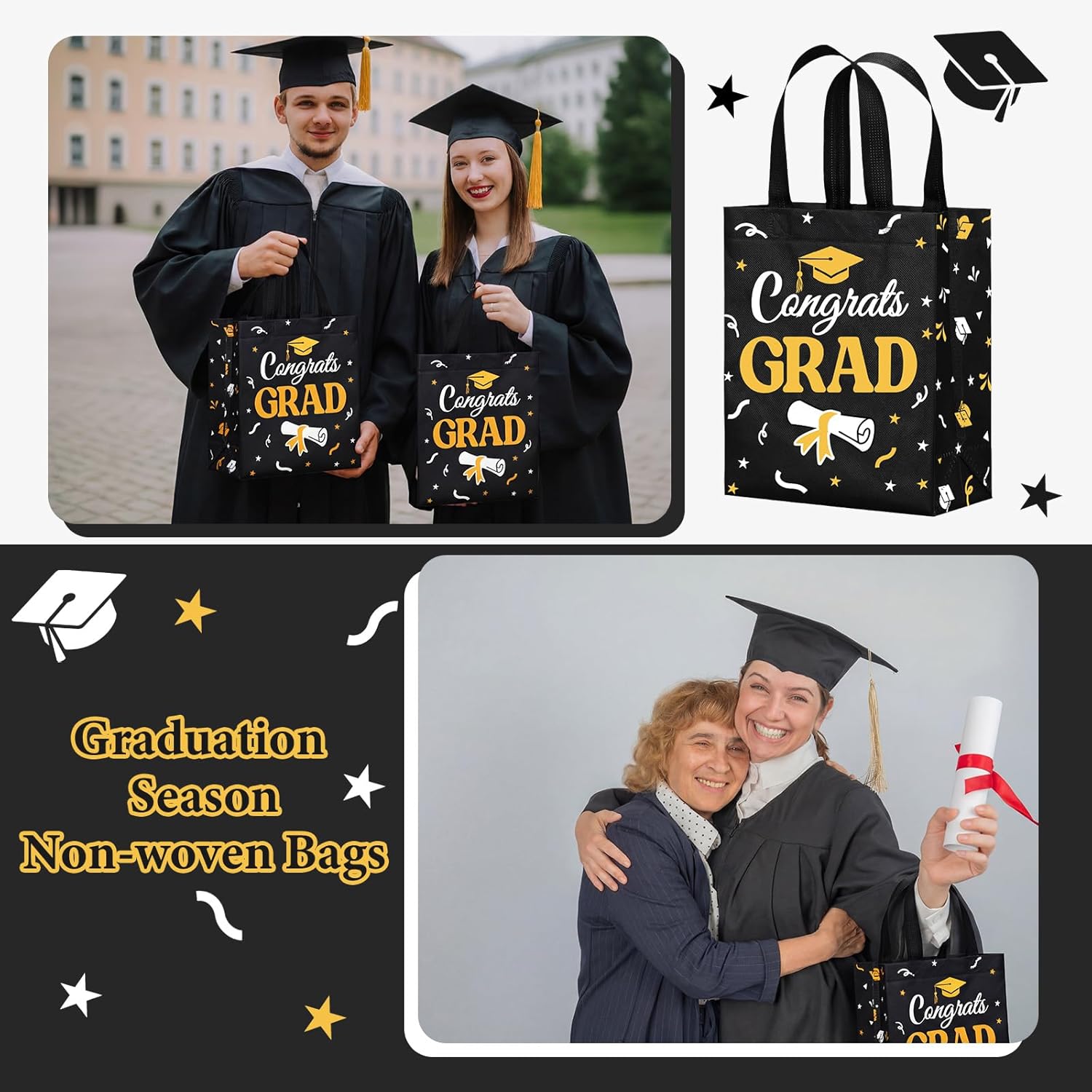 Windyun 50 Pcs Graduation Class of 2026 Gift Bags 8" x 4" x 10" Reusable Non-woven Gift Bags with Handles for Party Favors Wrapping