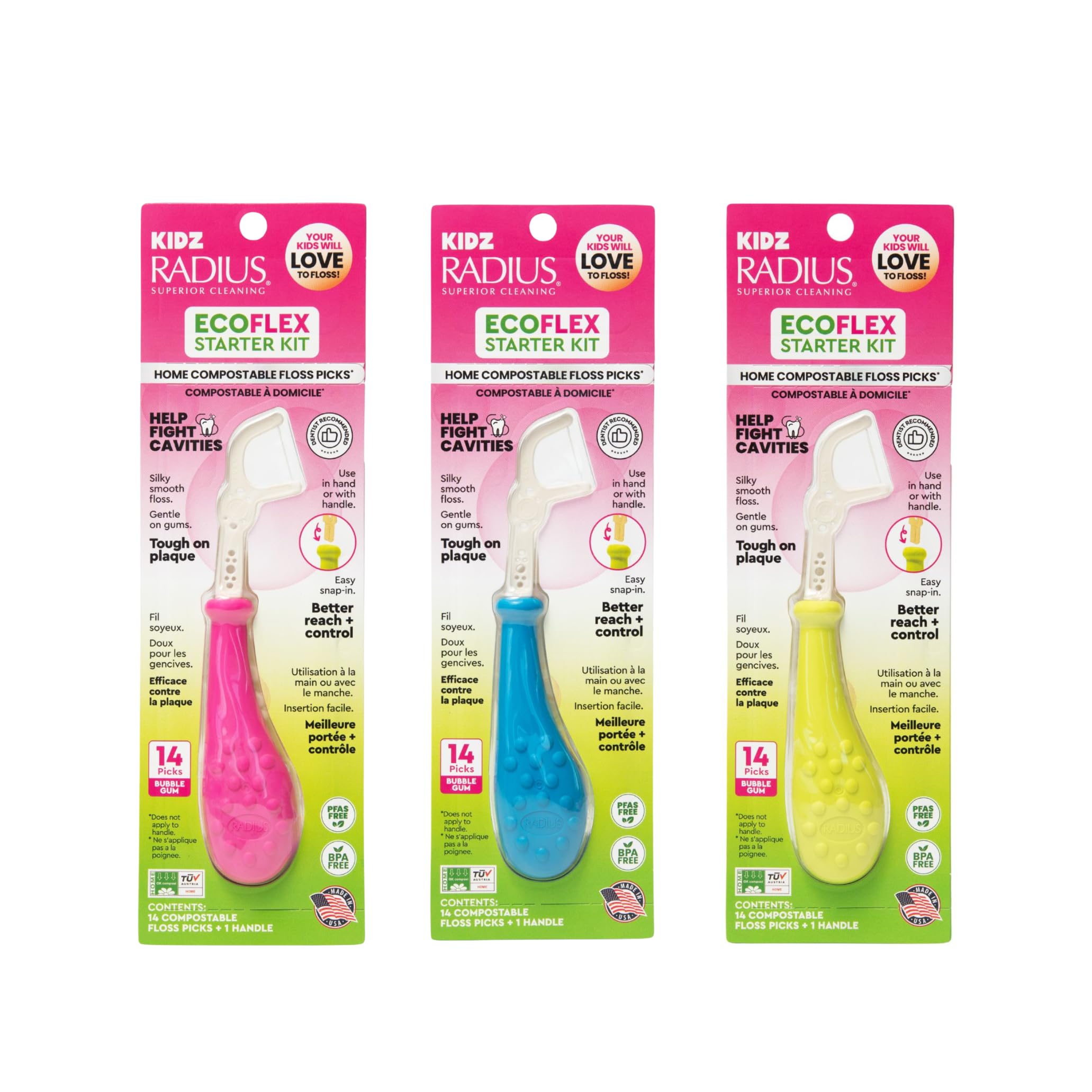 RADIUS EcoFlex Kids Floss Pick Starter Kit, Sustainable Compostable Dental Flossers for Small Mouths, BPA-Free & Non-Toxic, 14 CT Refills + 1 Reusable Handle, Pink, Blue and Chartreuse, Pack of 3