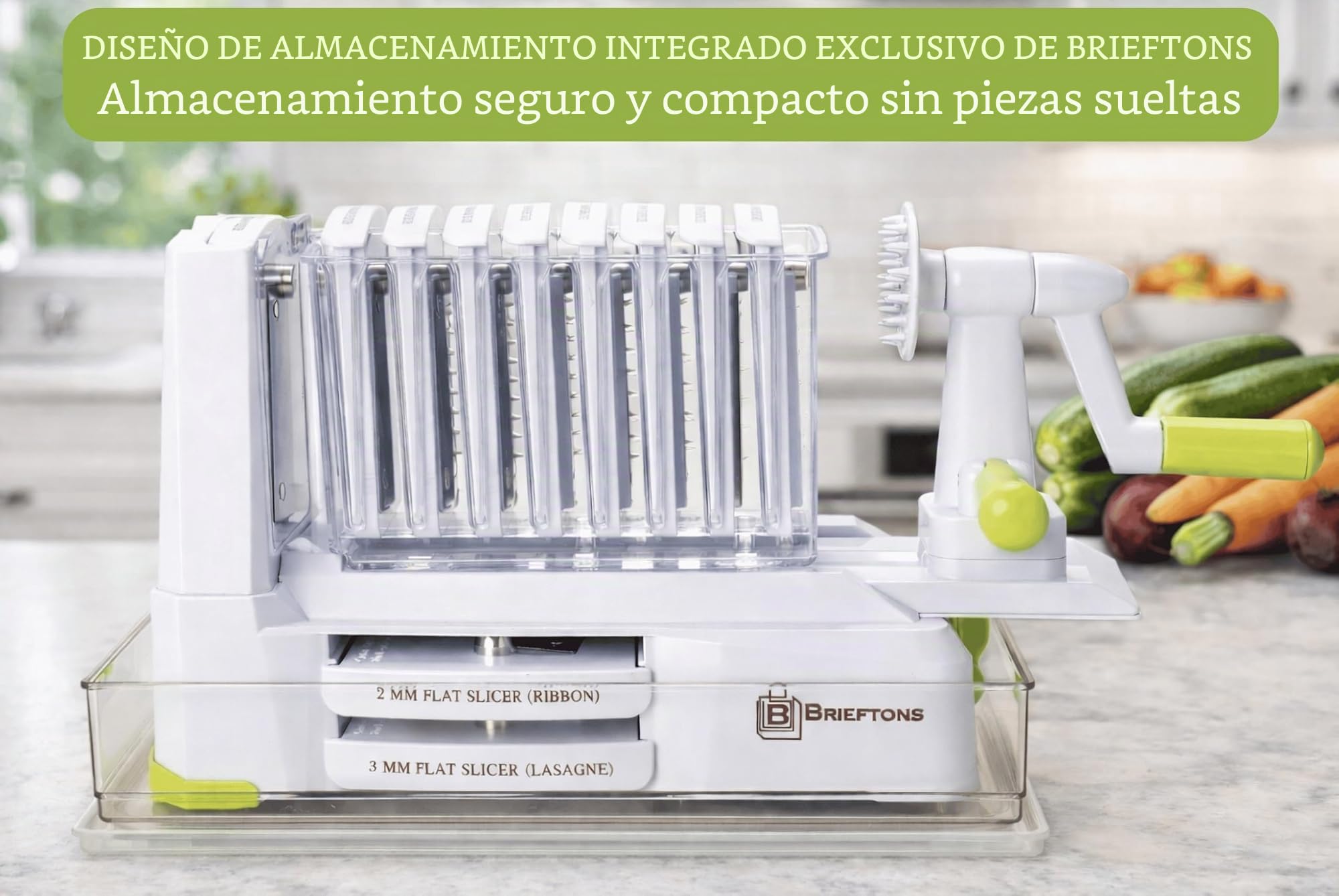 Brieftons - Espiralizador de 10 hojas: más fuerte y más pesado cortador de verduras en espiral, mejor espaguetis de pasta vegetal para baja en carbono, paleo, sin gluten, con bandeja para cuchillas