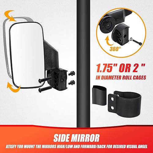 Miniatura 4 de RANSOTO Espejo retrovisor lateral UTV y espejo central para barra antivuelco de 1.75 pulgadas compatible con Polaris RZR 900 1000 Turbo PRO XP,