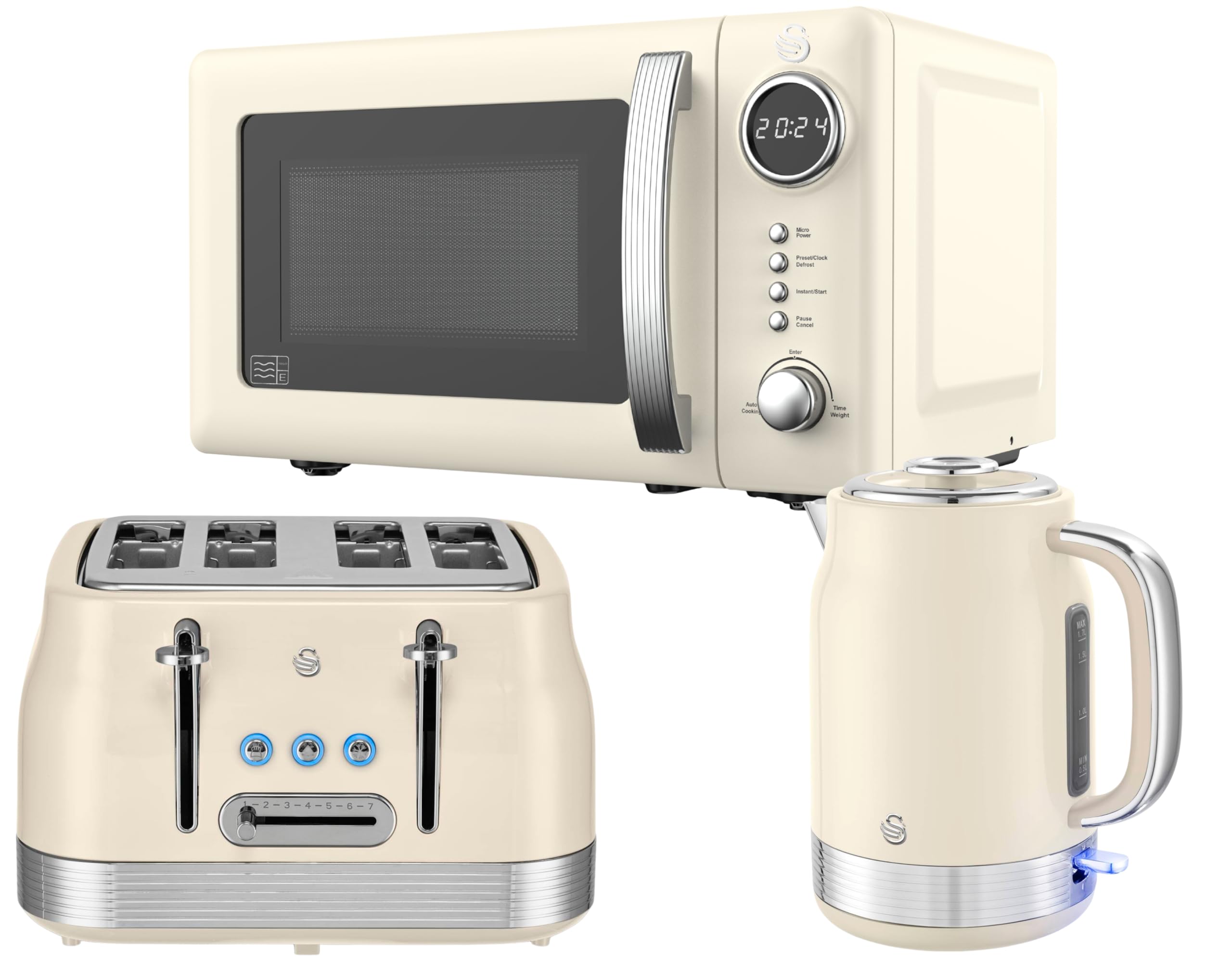 Swan Retro Revive Cream Kitchen Appliance Bundle – 1.7L Rapid Boil Kettle, 4 Slice Toaster & 800W 20L Digital Microwave, Retro Gloss Finish with Chrome Accents