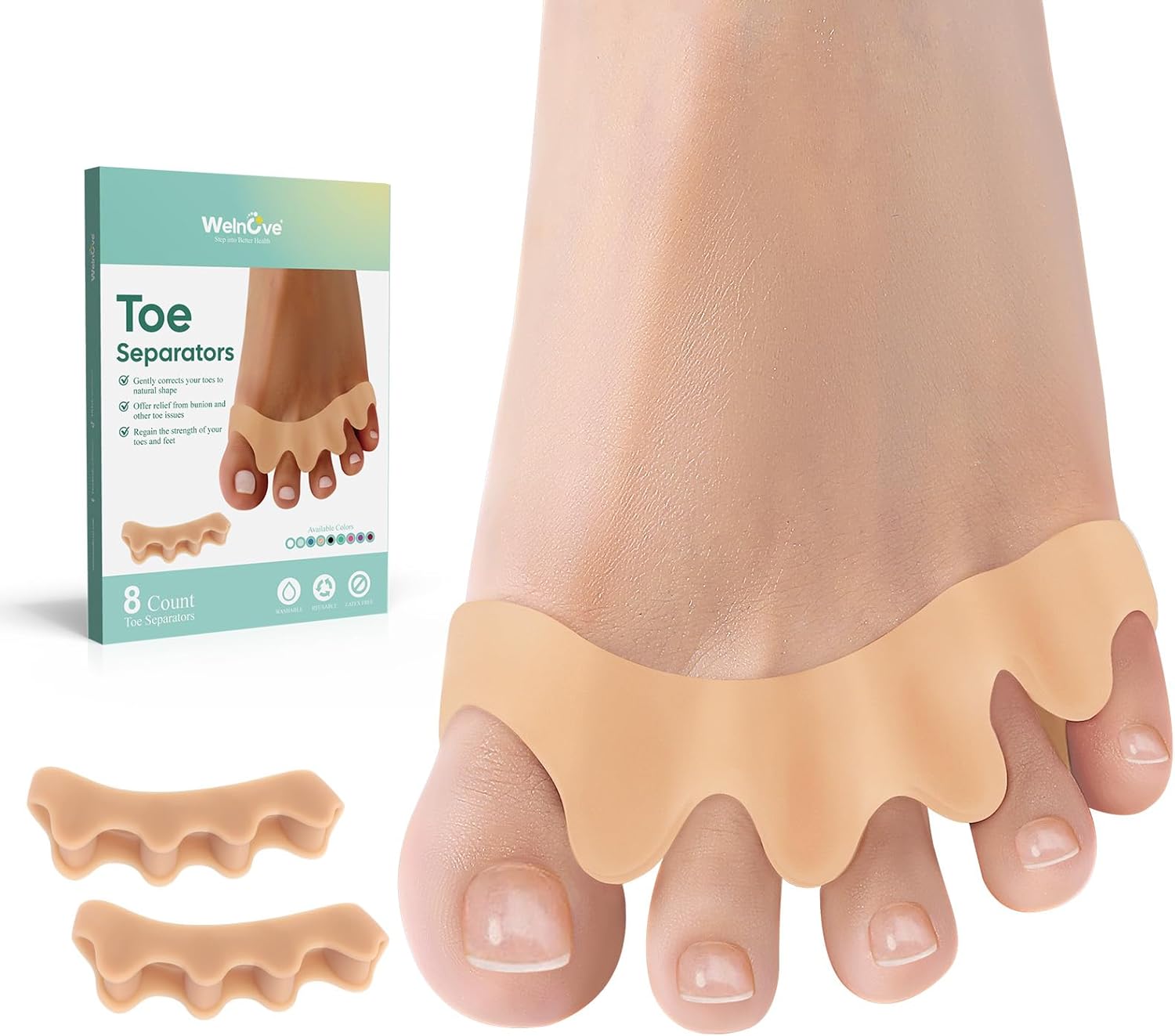 Welnove Toe Spacers 8 Pack Silicone Toe Spacers to Correct Your Toes Aloe Vera Infused Toe