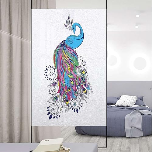 Película autoadhesiva de privacidad para ventana, arte colorido de moda con patrón de pavo real, película de privacidad para glaseado, decoración de