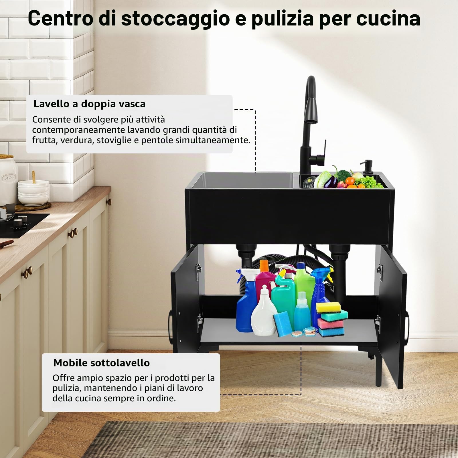 Lavello in acciaio INOX con sottolavello, 75 x 41 x 78 cm, indipendente, multifunzione, set con rubinetto estensibile, armadio, distributore di sapone e scola piatti per cucine e ristoranti