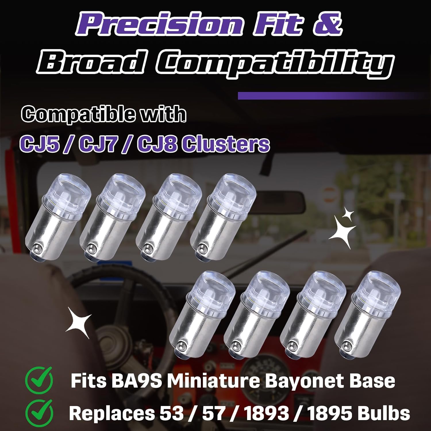 8-Pack Speedometer Cluster LED Bulb Replacement Kit for Jeep CJ5 CJ7 CJ8 Scrambler, BA9S Miniature Bayonet Base, 4 White / 2 Green / 2 Red Instrument Cluster LEDs, Enhances Dashboard Clarity