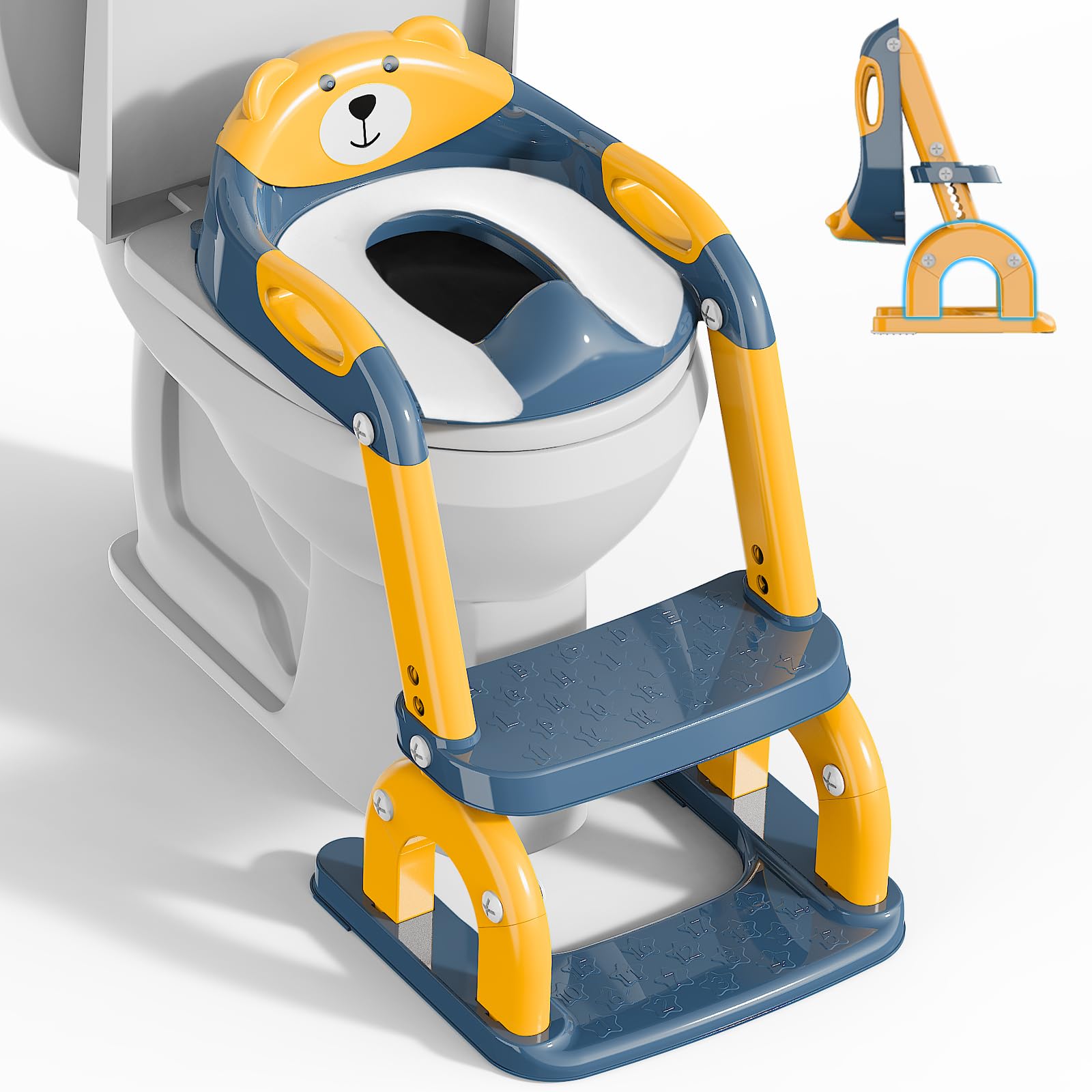 Sedile WC per bambini con scale, accessorio per WC aggiornato, per bambini e bambine, 2 in 1, con scale, regolabile in altezza, comodi sedili per WC sicuri, poggiapiedi per bambini (Blu Giallo)