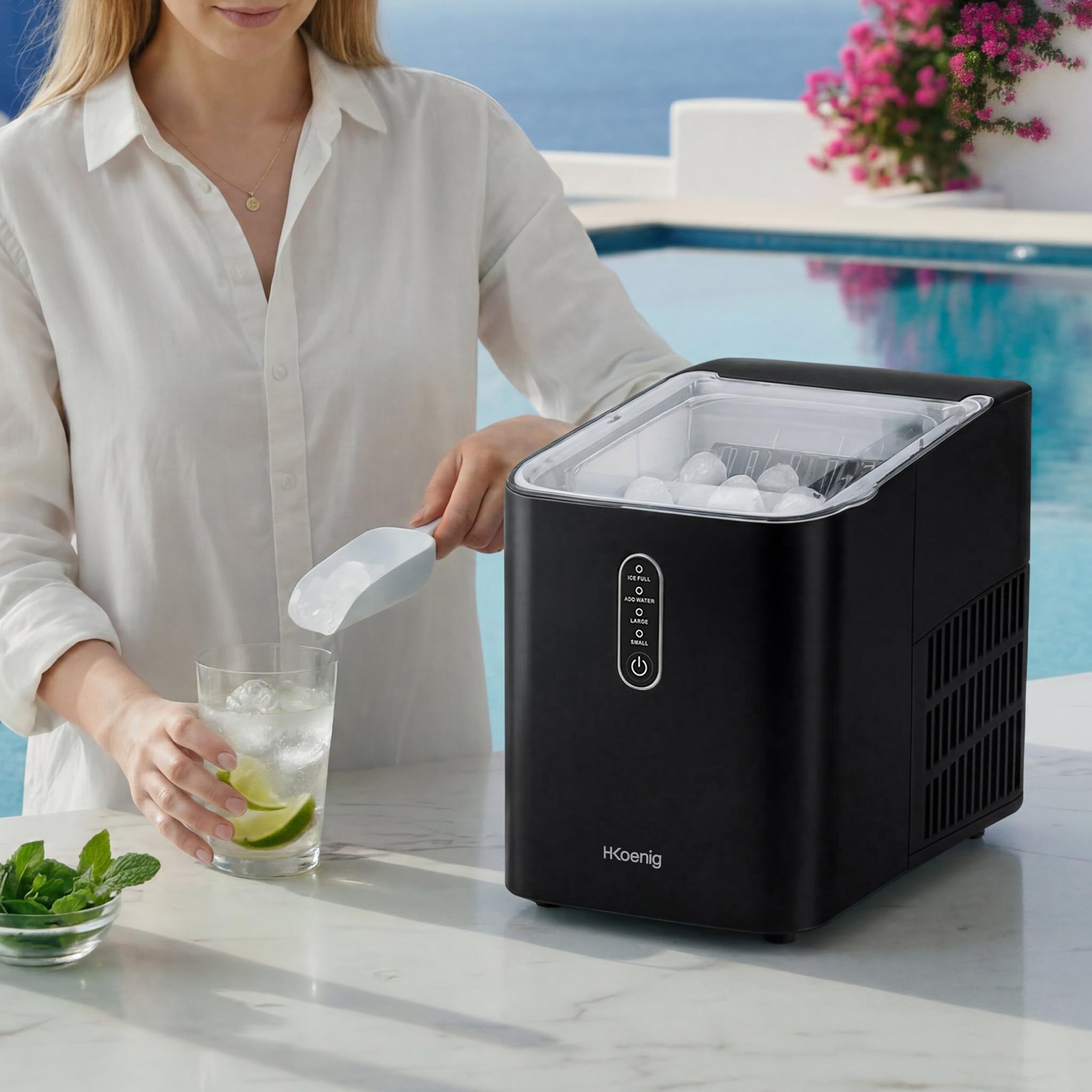 H.Koenig KUB14 Eiswürfelmaschine, 12kg in 24 Stunden, Eiswürfel in 6min, 2 Eiswürfelgrößen, 120 W Schwarz leise, Eiswürfelbereiter, 1 L, Eiswürfelschaufel