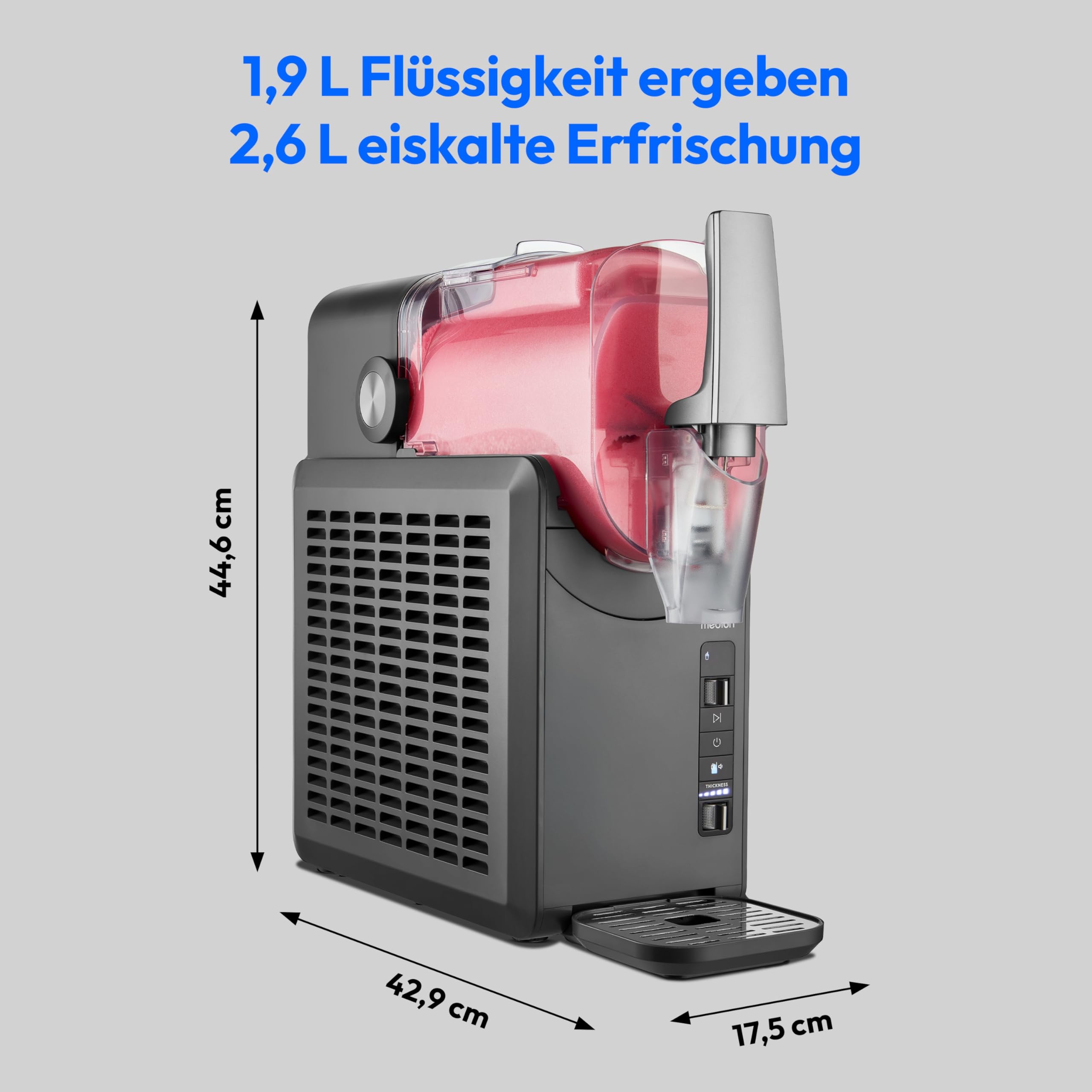 MEDION Slush Maschine (2,6 Liter Slush-Eis Kapazität, 1,9 Liter Fassungsvermögen, Slush Ice Maker für Getränke, 5 Getränkemodi, 30-60 Minuten Zubereitungszeit, Kompressor, Slush Eis Maschine, MD12090)