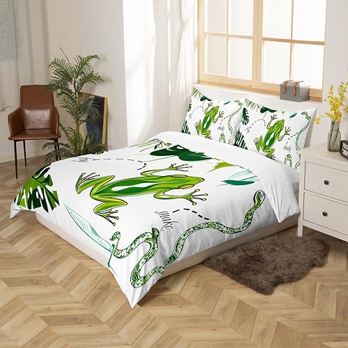 Funda de edredón de rana para niños y niñas, funda de edredón de hojas de palma tropical, selva tropical, serpiente, animal, juego de ropa de cama