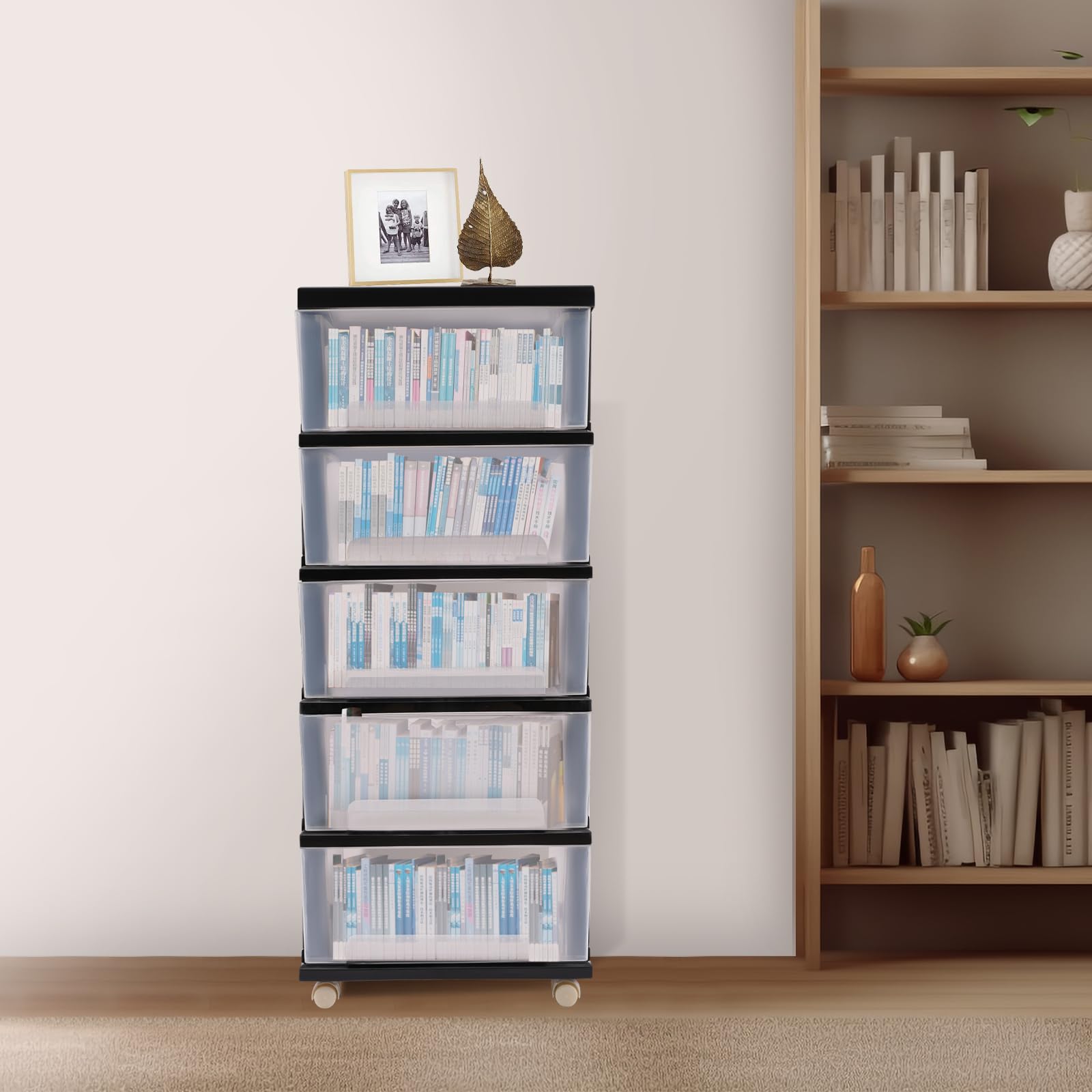Cassetti in plastica trasparente multifunzionali a cinque strati, armadietto verticale impilabile, 5 cassetti trasparenti in formato A4, cassetto portaoggetti