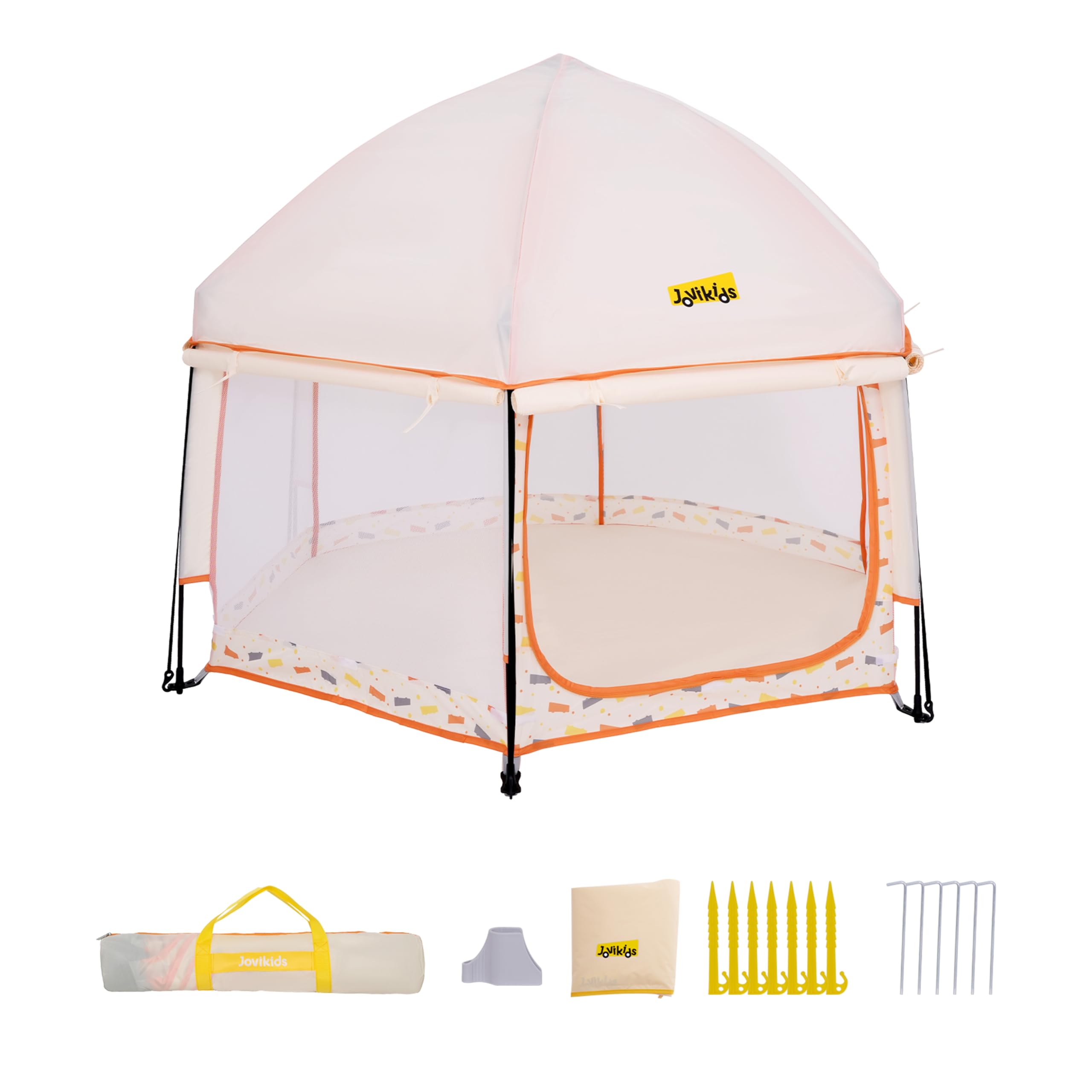 Jovikids Faltbarer Laufstall Baby mit Baldachin, Pop-up Zelt Kinder Outdoor, Großer 6 Eckig Playpen mit Tragetasche für Haus, Garten, Strand, 150x150x105cm