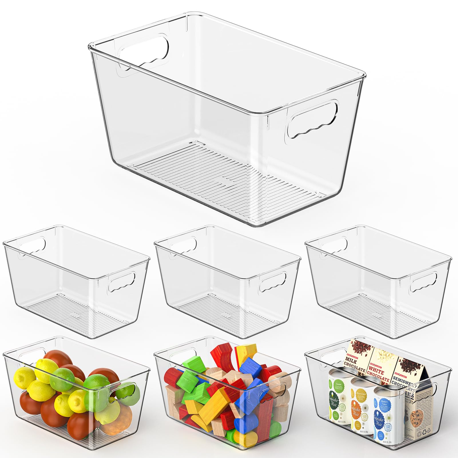 Clear Plastic Storage Bins, 6 Pack Pantry Organizers & Storage Containers, Cabinet Organizer, Home Organization Must Haves for Kitchen, Office, Closet & Freezer (6 Pieces, M ((25 x 15 x 13CM)