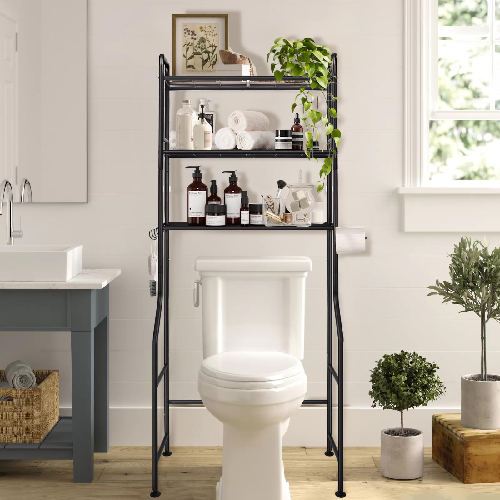 Étagère pour machine à laver, étagère WC sur machine à laver, armoire de toilettes, 3 étagères, porte-serviettes, 62 x 163 x 22 cm, noire