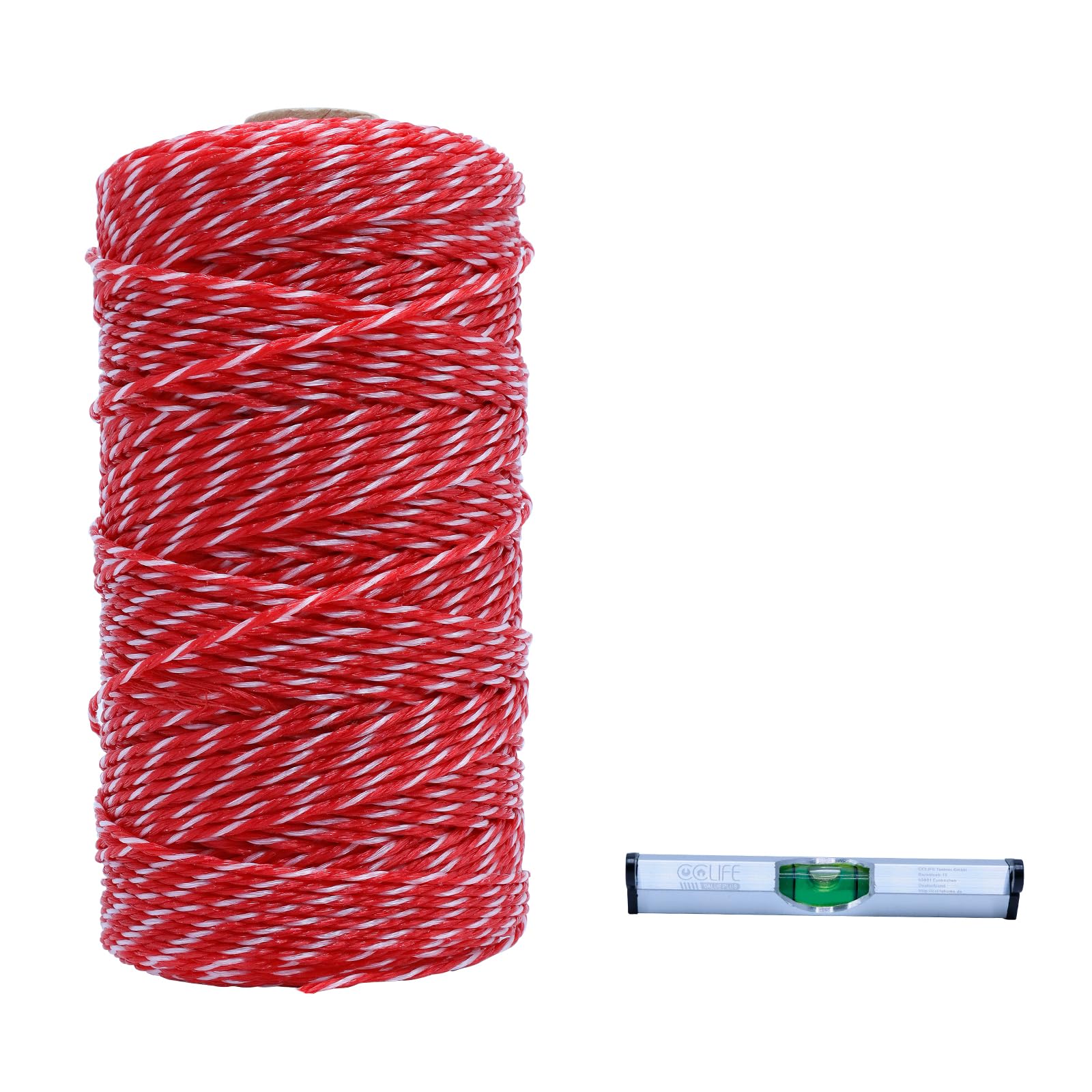 CCLIFE Corda da muratore 200M, Ø 2mm dotata di livella, linea guida Rosso-Bianco, cordone da pavimentazione, cordone da costruzione