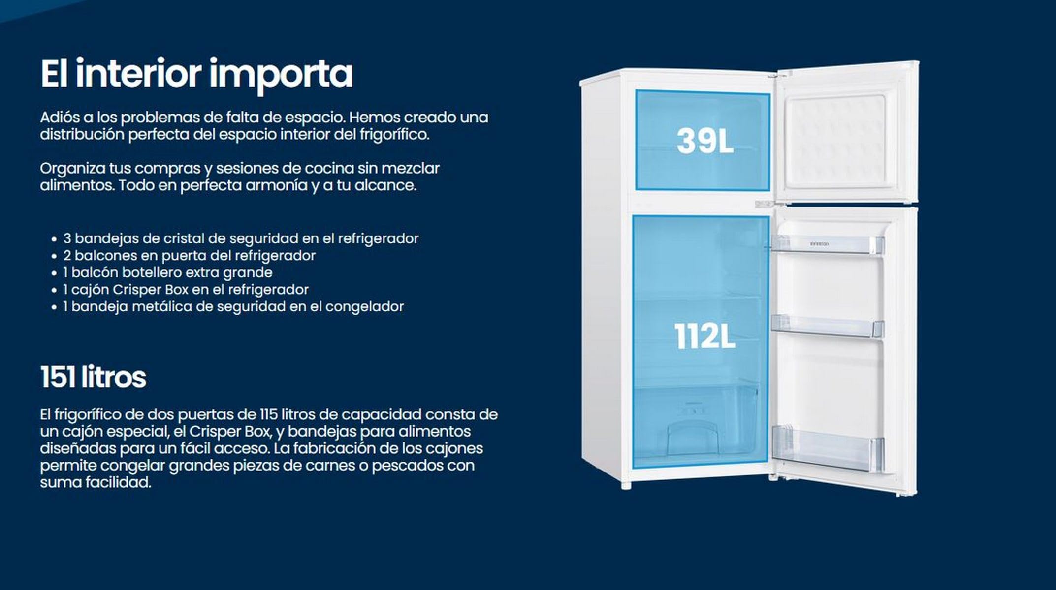Frigorifico Dos Puertas Infiniton FG-151D12BEV, 151 Litros, 122 cm de Altura, Ancho de 50 cm, Ciclico, LED Interior, Regulación en altura, E, Blanco