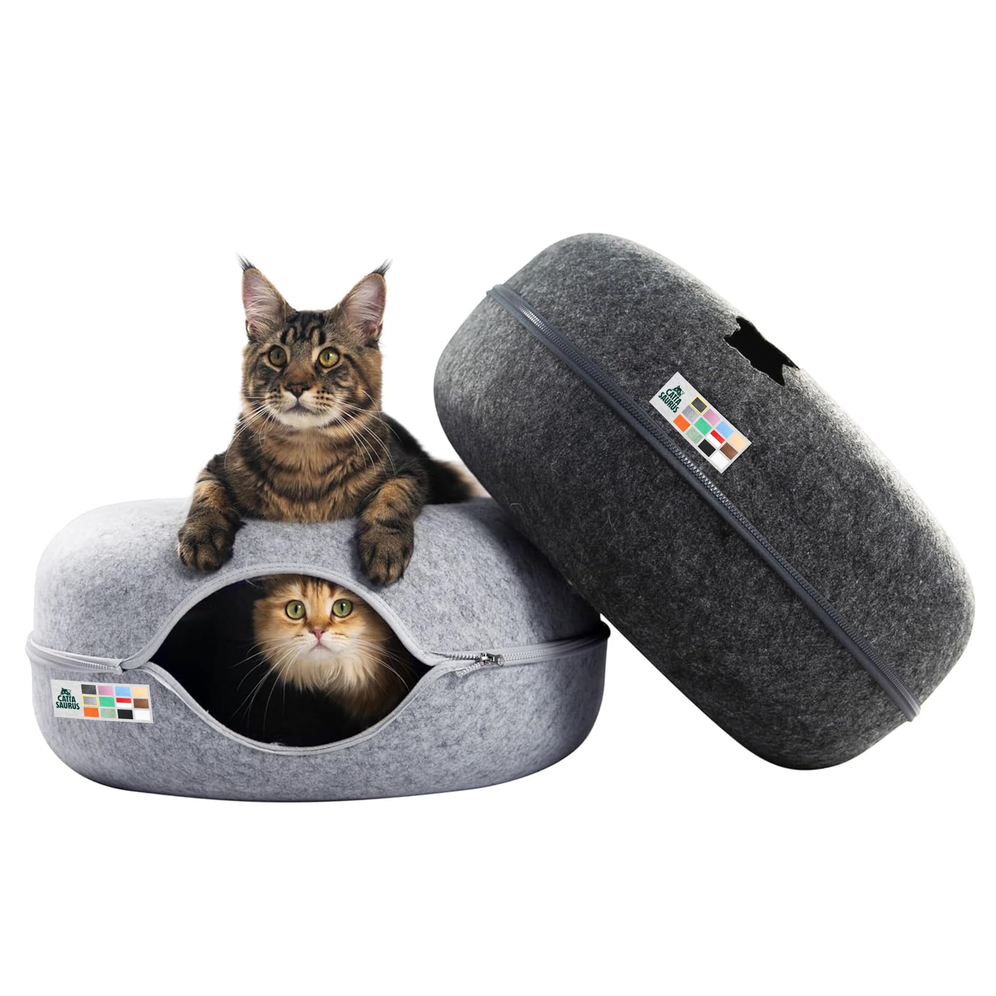 Cattasaurus Peekaboo Cat Cave Donut for Multiple &amp; Large Cats up to 30-45 lbs, 3-in-1 Self Warming Cat Bed, Tunnel &amp; Scratcher for Indoor Cats, Washable &amp; Detachable (Light Gray + Dark Gray, Large)