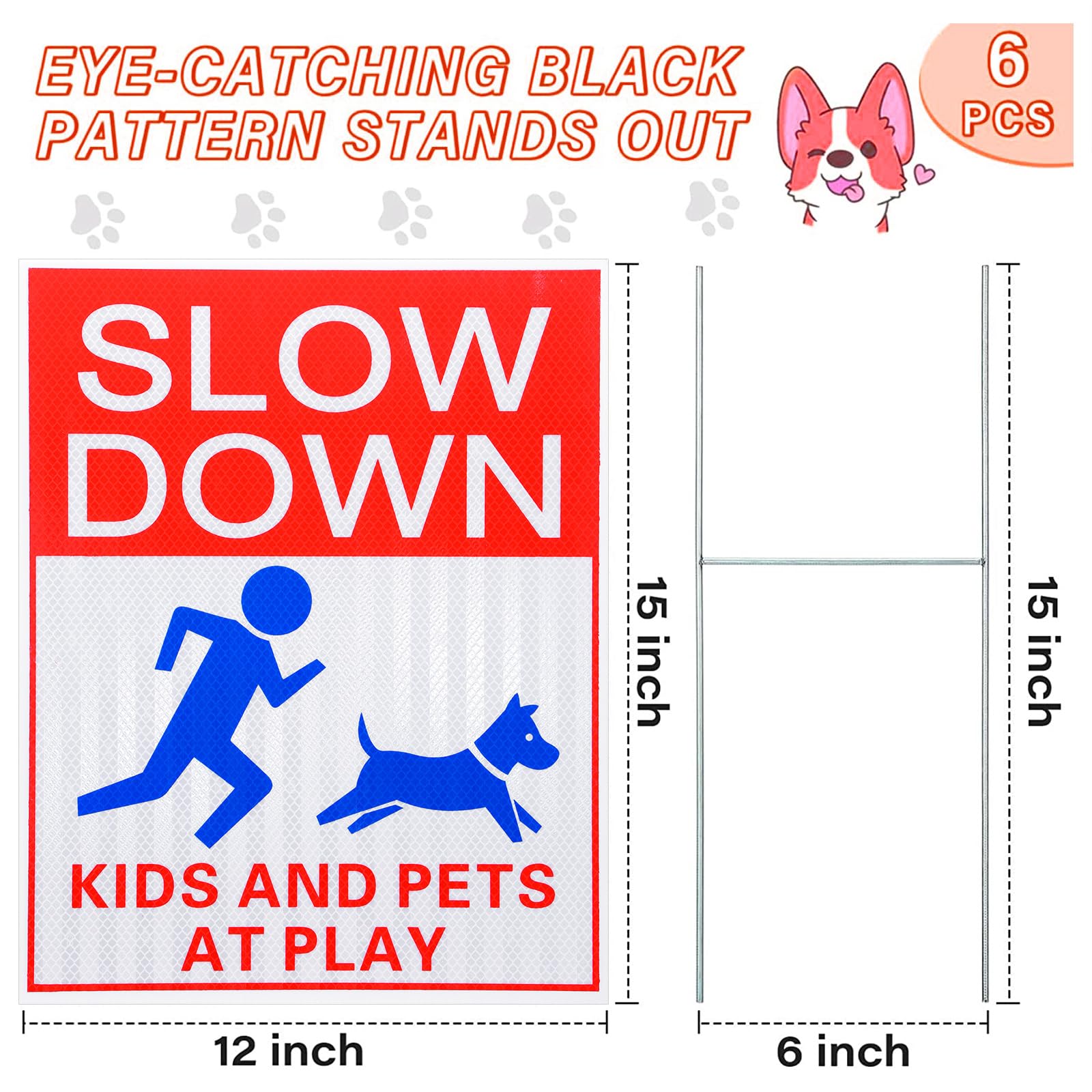 Fumete 6 letreros reflectantes de seguridad para niños y mascotas en juego, con estaca de metal, 15 x 12 pulgadas, doble cara, advertencia de precaución para el césped de la calle, vecindarios, niños