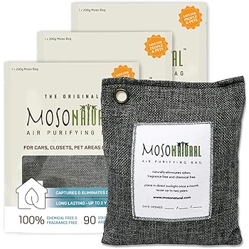 MOSO NATURAL: The Original Air Purifying Bag. for Cars, Closets, Bathrooms, Pet Areas. an Unscented, Chemical-Free Odor Eliminator. 200g 3 Pack (Charcoal)