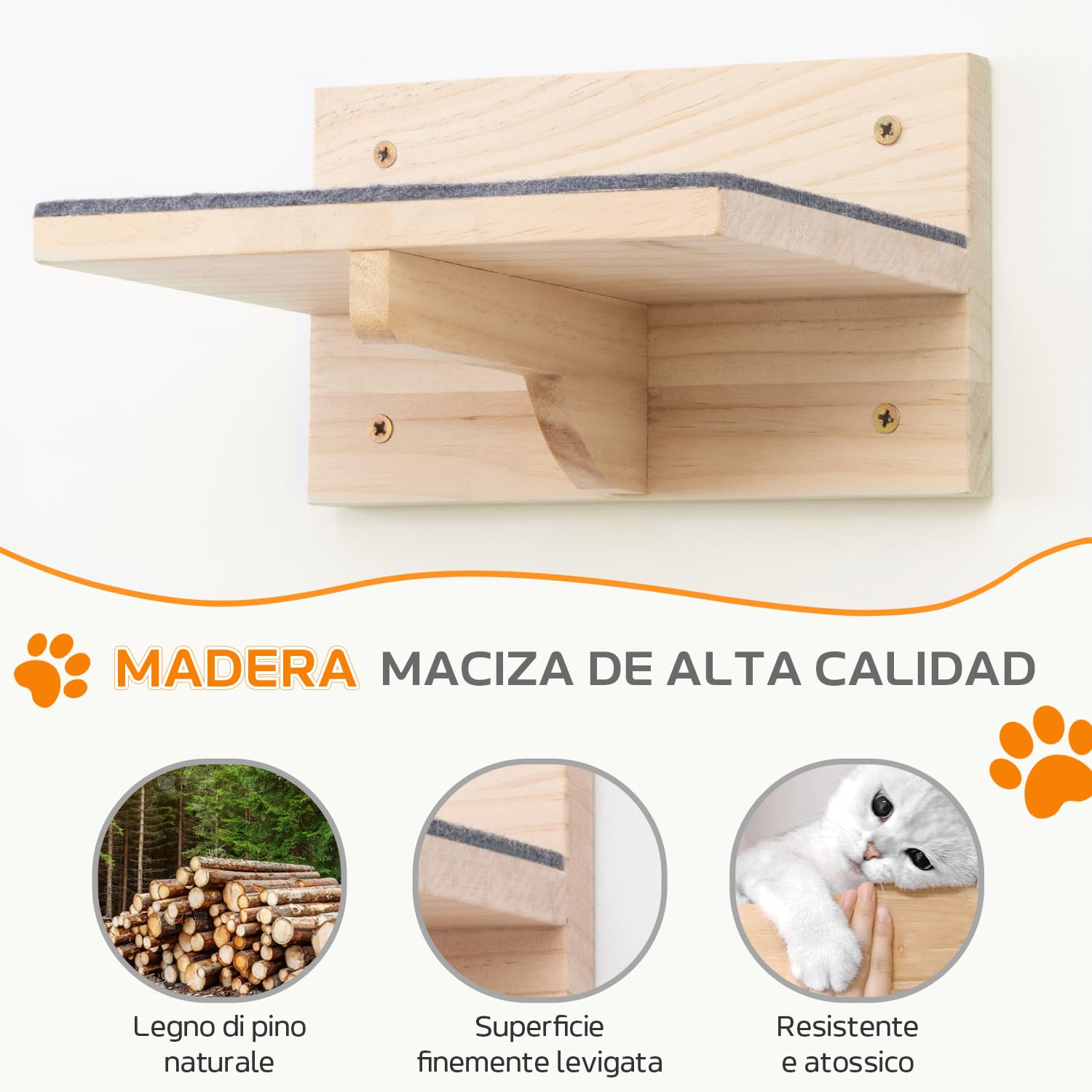 Pawtasy Pared Estantes de Pared para Gatos, Escaleras Juego de 4 Paredes de Escalada para Gatos Estable, Madera Natural Parkour hasta 35 kg