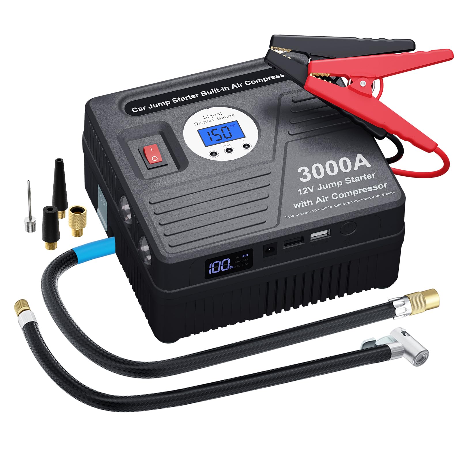 3000Amp Car Jump Starter with Air Compressor, 150PSI Tire Inflator with Digital Screen Pressure Gauge, 24000mAh 12V Auto Battery Booster (9.0L Gas/ 8.5LDiesel Engine), 2 USB Port 2 Light