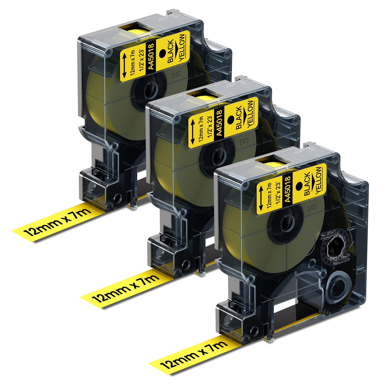 Oozmas A45018 Yellow Label Tape Compatible with Dymo D1 12mm x 7m 45018 Black on Yellow, Compatible with Dymo LabelManager 160 210D 360D 420P 450D Label Maker, 3 Pack