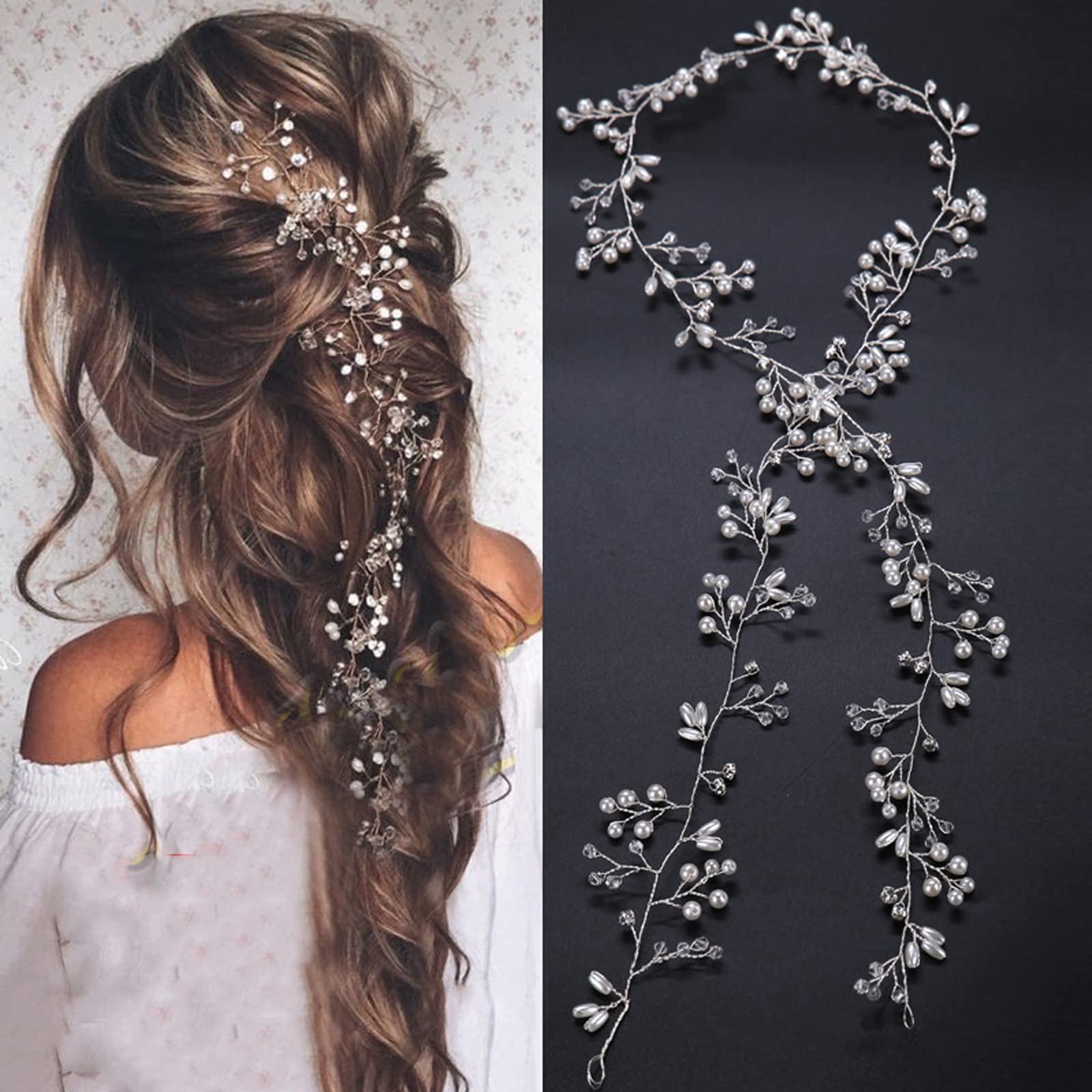 Wedding Hair Accessories for Women,Wedding Hair Vine Bride Headband, Pearl Headband for Bridesmaid Flowergirls (100 cm Silver) (100 cm Silver) (100 cm Silver) - Image 2