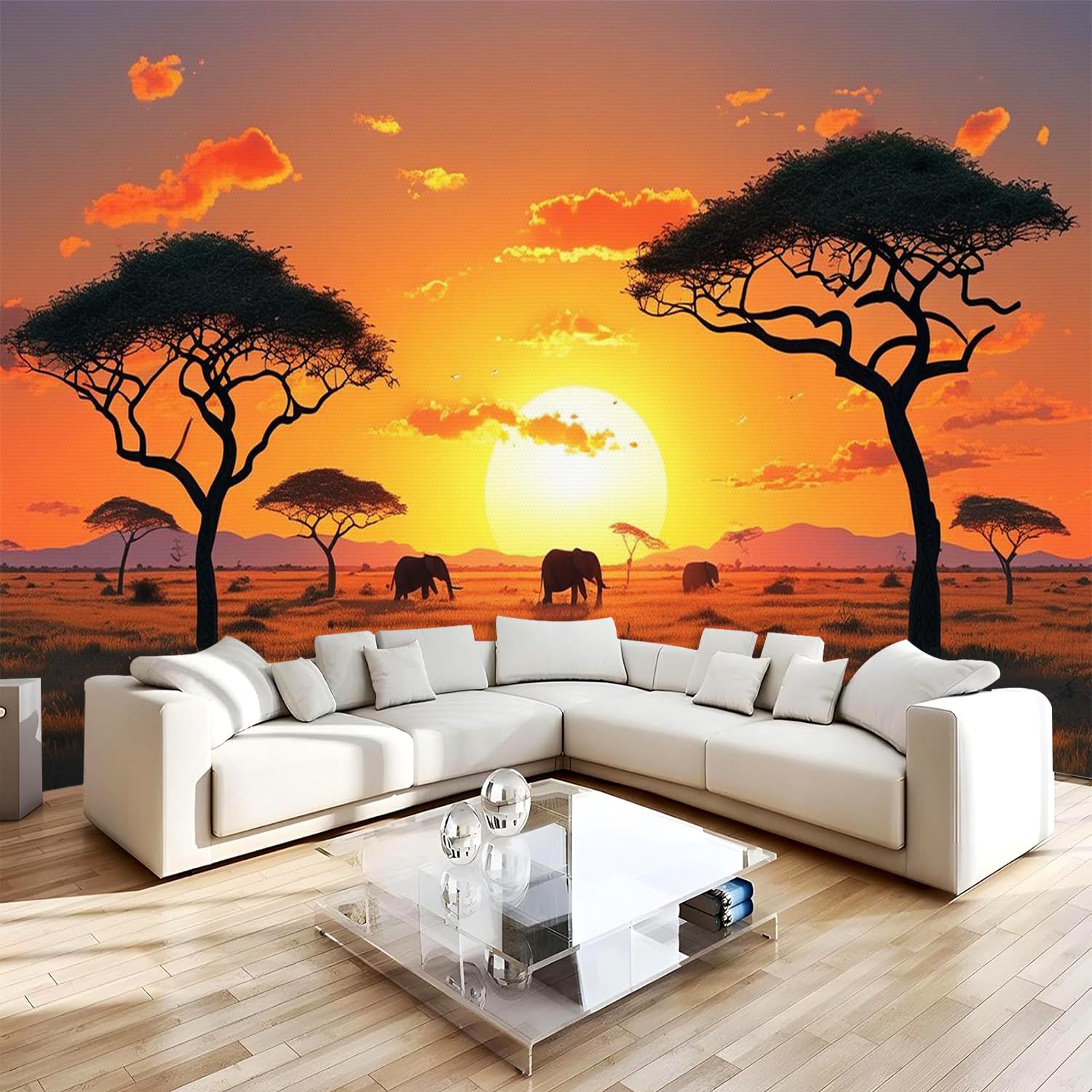 Générique Papier Peint Panoramique 3D 400x280 cm Afrique éléphants Non-tissé Murale Maison Décoration Intérieure Coucher De Soleil pour Chambre Salon Mur TV Artistique Poster Décoration Murale 1M1601
