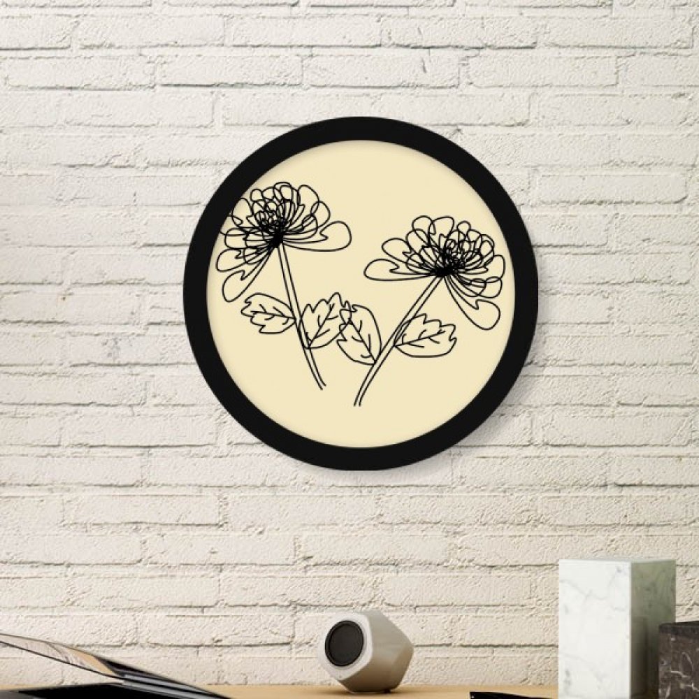 Cadre photo bois rond noir avec illustration chrysanthème peinture trait déco maison