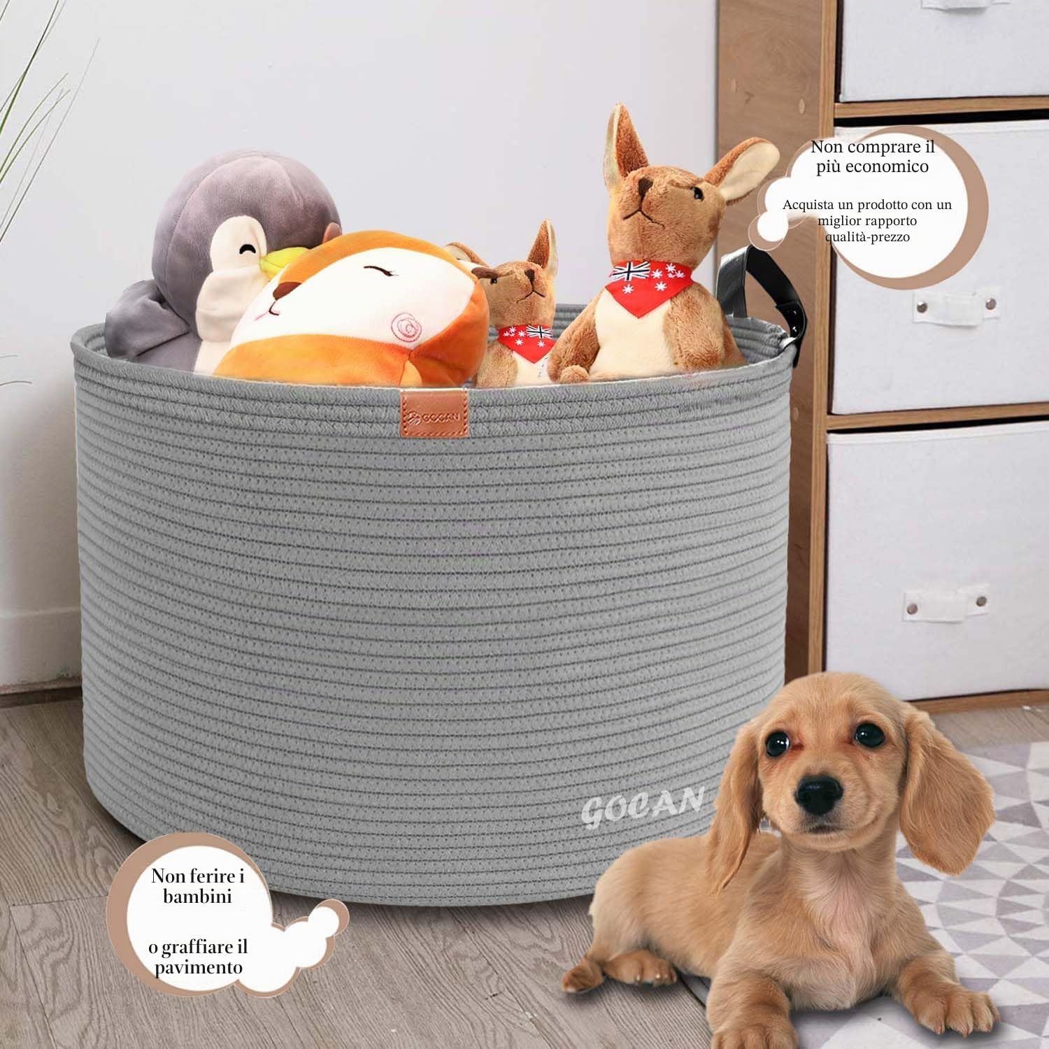 GOCAN XXXL Cesto Portaoggetti, Cesto Grande, Cesto per Biancheria in Corda di Cotone, Cesto per Biancheria per Coperte, Cuscini nel Soggiorno, Vestiti Giocattoli nella Cameretta dei Bambini, grigio