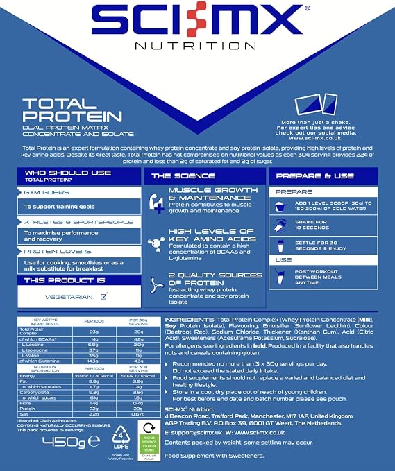 SCI-MX Total Protein - Dual Protein Concentrate & Isolate Protein Powder - Lean Muscle Development - Strawberry • No Added Sugar • 4.2g BCAAs + 22g Protein per Serving • 450g