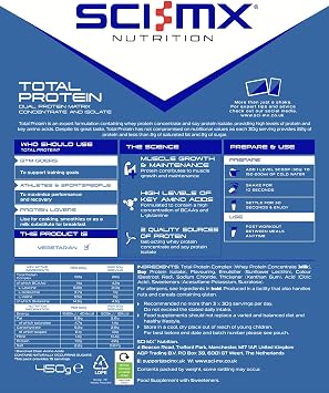 SCI-MX Total Protein - Dual Protein Concentrate & Isolate Protein Powder - Lean Muscle Development - Strawberry • No Added Sugar • 4.2g BCAAs + 22g Protein per Serving • 450g