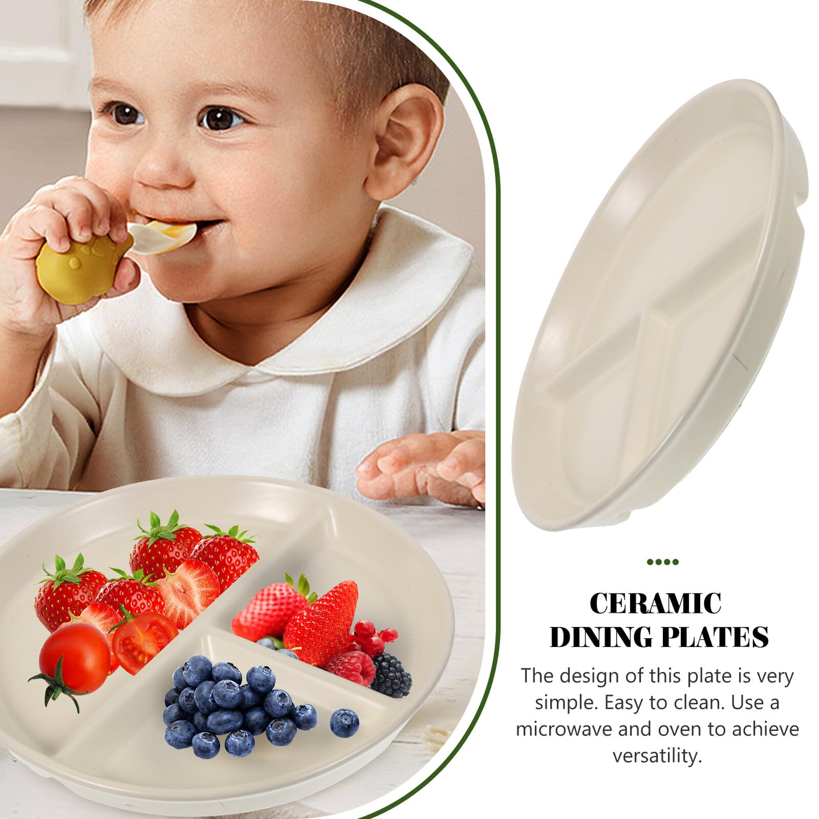 Assiette Compartimentée en Céramique Blanche Crème 3 Compartiments, Assiette de Rationnement pour Adultes, Plaque Solide Anti-dérapante, pour Repas Équilibrés et Contrôles