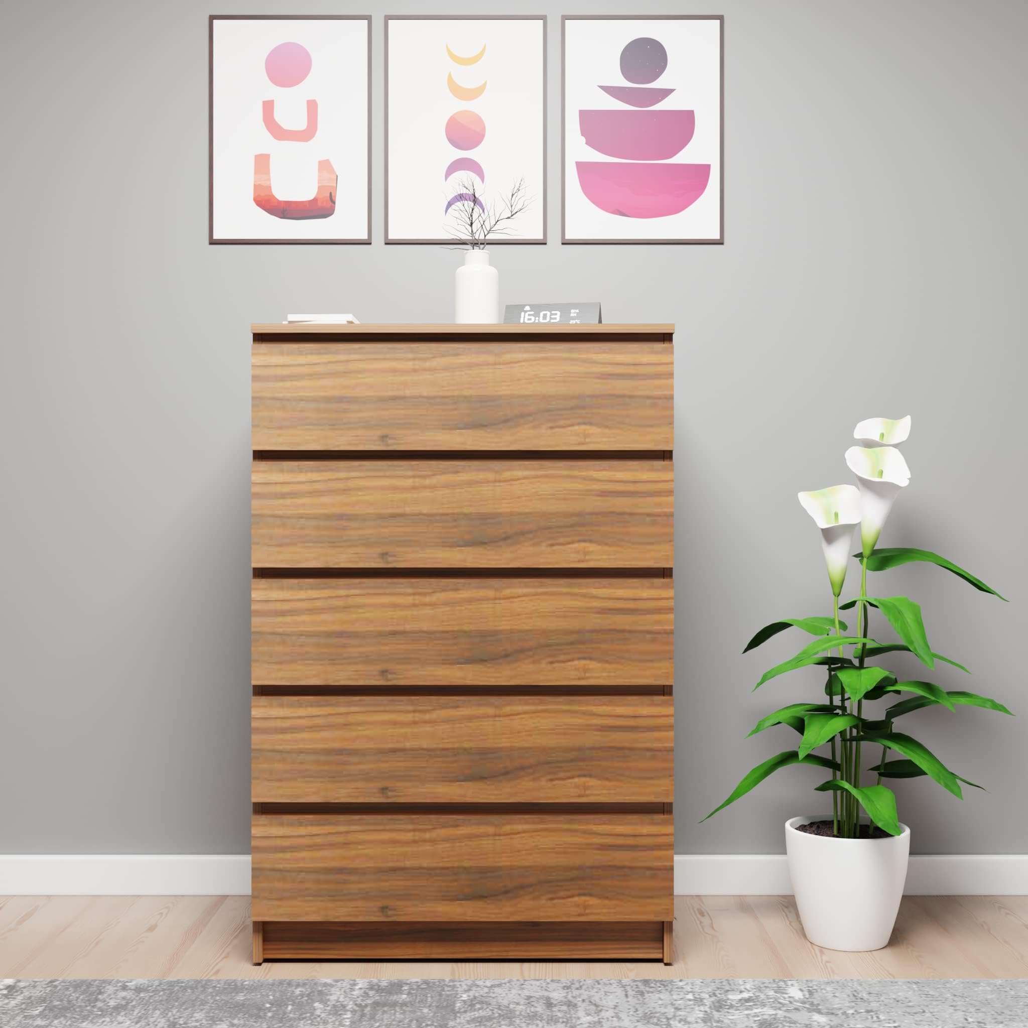 Viki Dresser With 5 Drawers, Chest Of 5 Drawers,Clothes Storage, Organizer Unit For Bedroom, Hallway, Entryway,Easy Pull Drawers, Width 80Cms, Brussel Walnut Colour | 1 Year Warranty - Matte