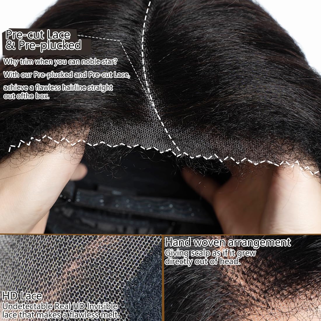 8 Inch Yaki Straight Glueless Wigs 5" Lace Human Hair Pre-Cut/Plucked Undetectable HD Lace Wig Ready to Go Lace Bob Wig Kinky Straight 150 Density Natural Black Color - Image 3