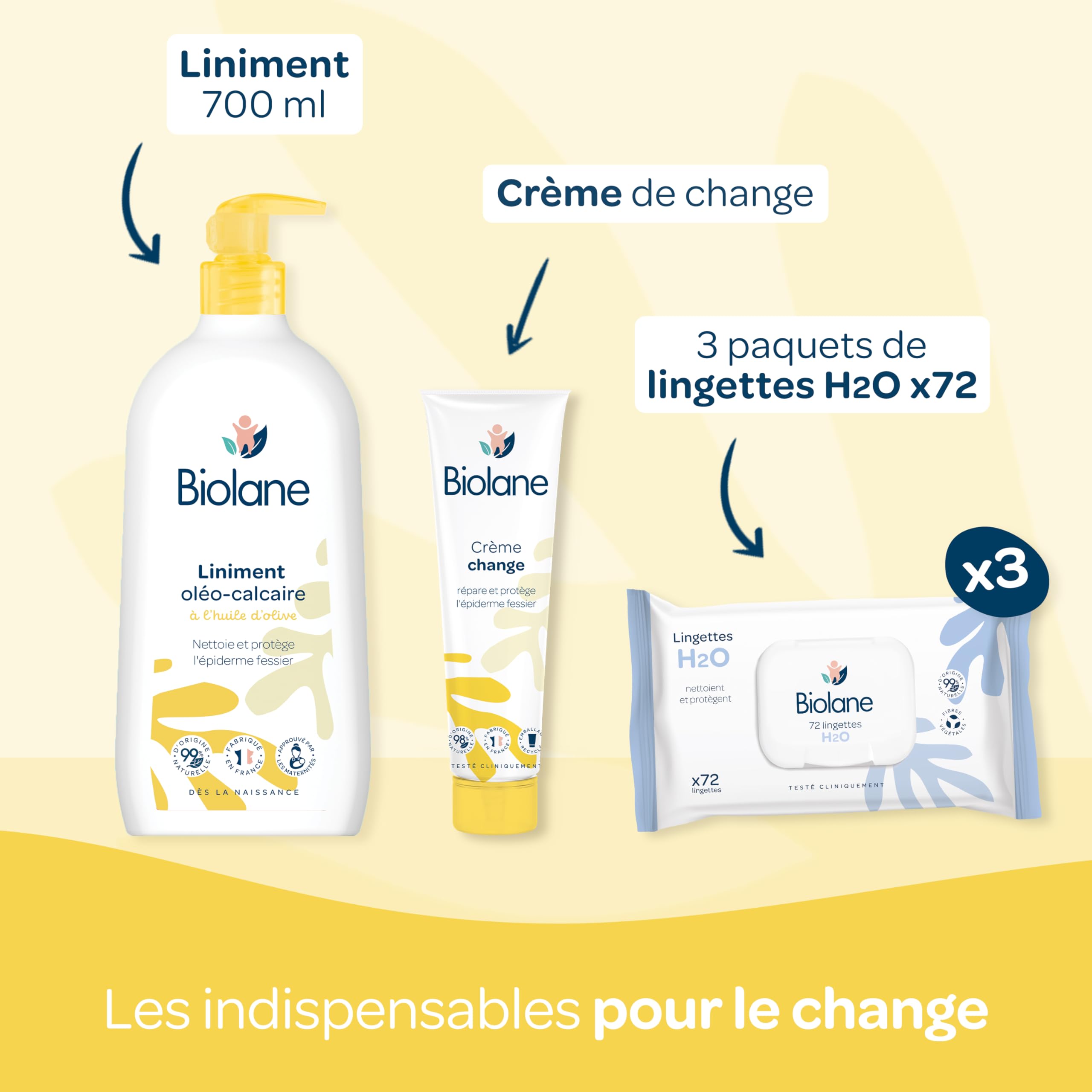 BIOLANE - Set zur Geburt der ersten Tage – Baby – 216 Tücher – reines Wasser – Waschgel – Liniment – Creme wechseln – Baby-Set – für empfindliche Haut –