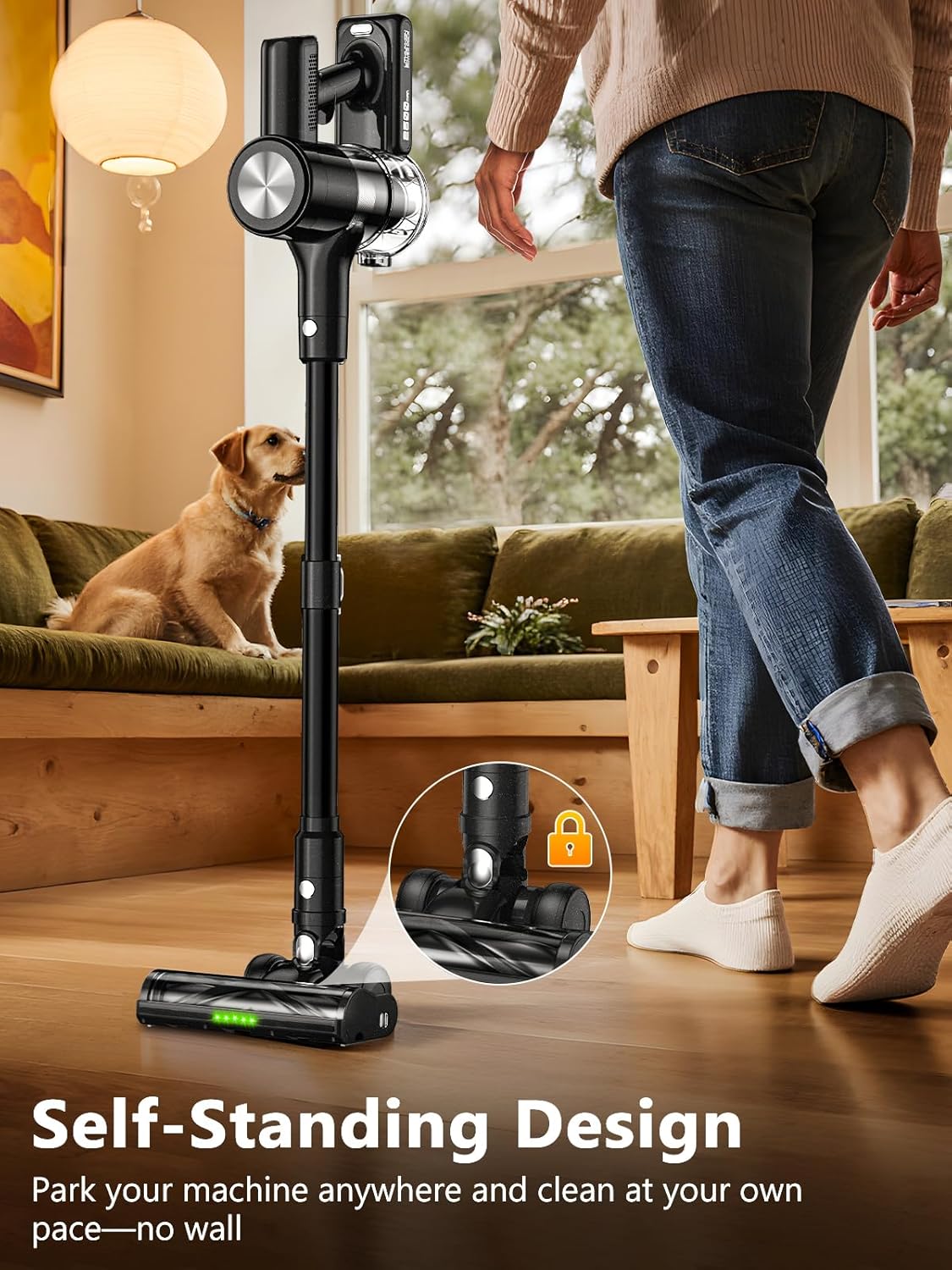 OIRFND H28 Cordless Vacuum Cleaner standing upright independently in a living room setting.